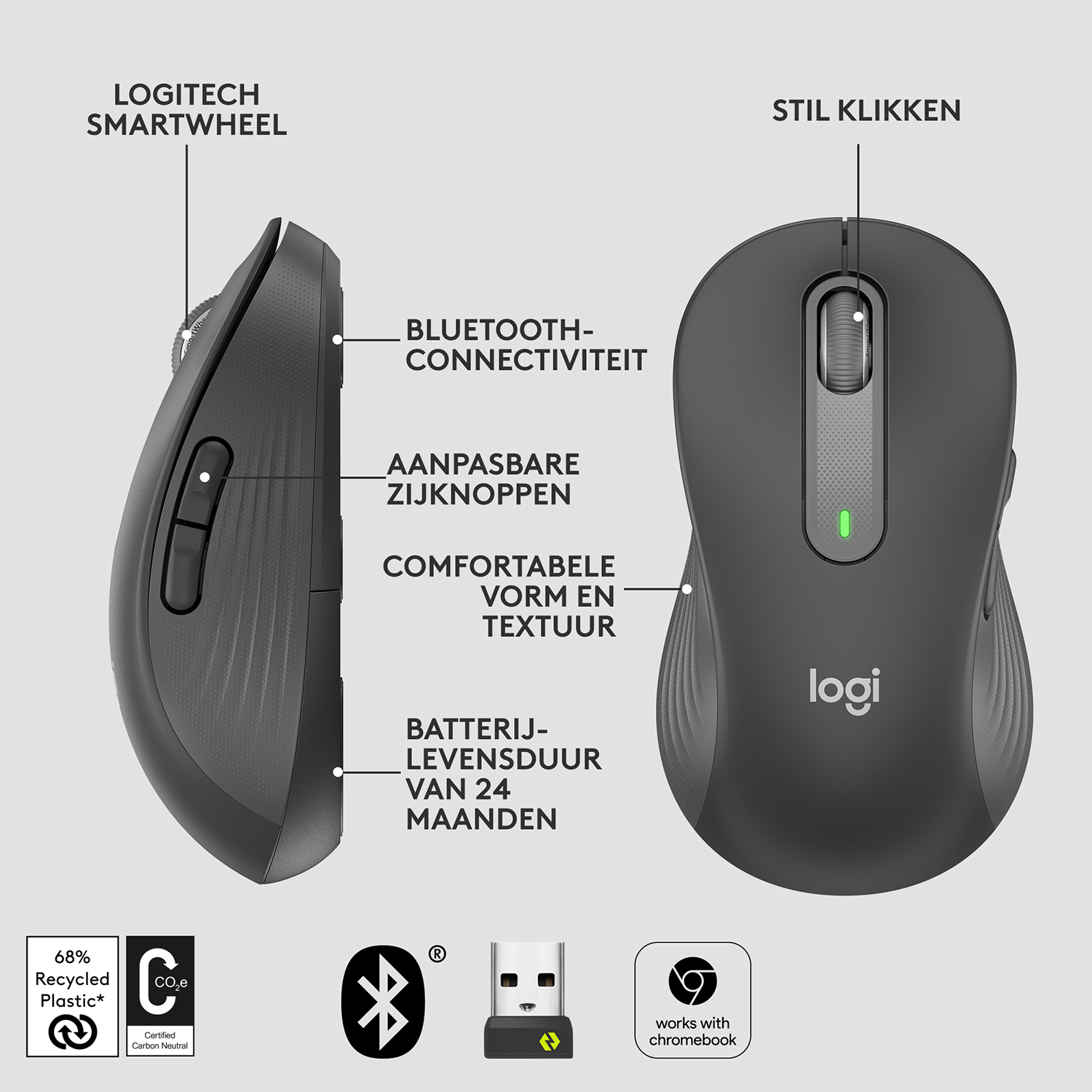 Czarna mysz z wieloma przyciskami i etykietami. Widok z boku i z góry. Bluetooth, Logitech Smartwheel i więcej.