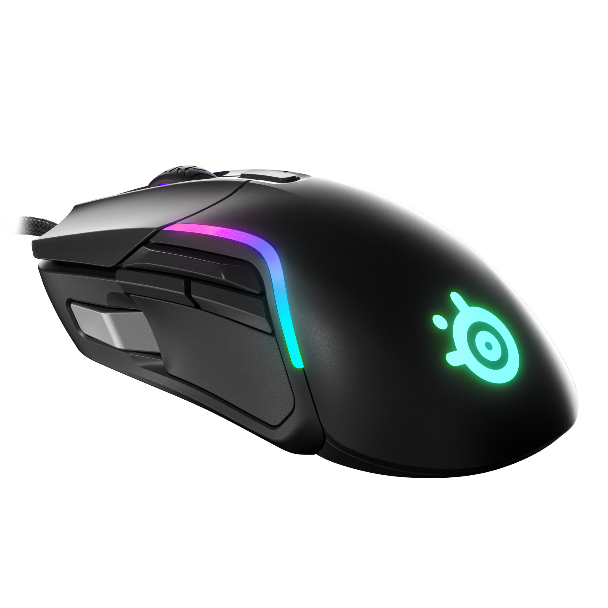 Mouse da gioco nero con luci RGB. Logo SteelSeries. Sfondo bianco.