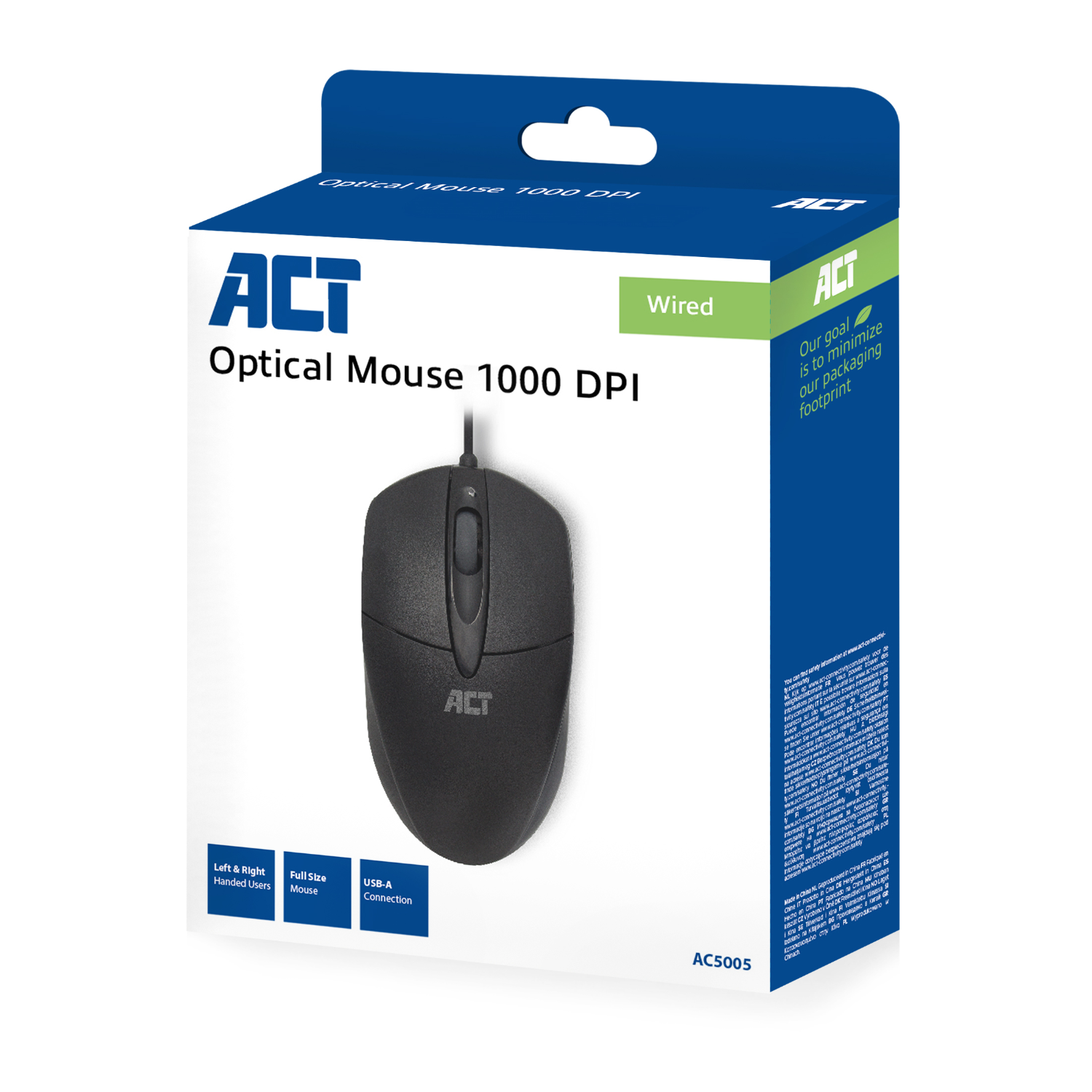 Black optical mouse, in a box. Box is white and blue, with text. USB connection.