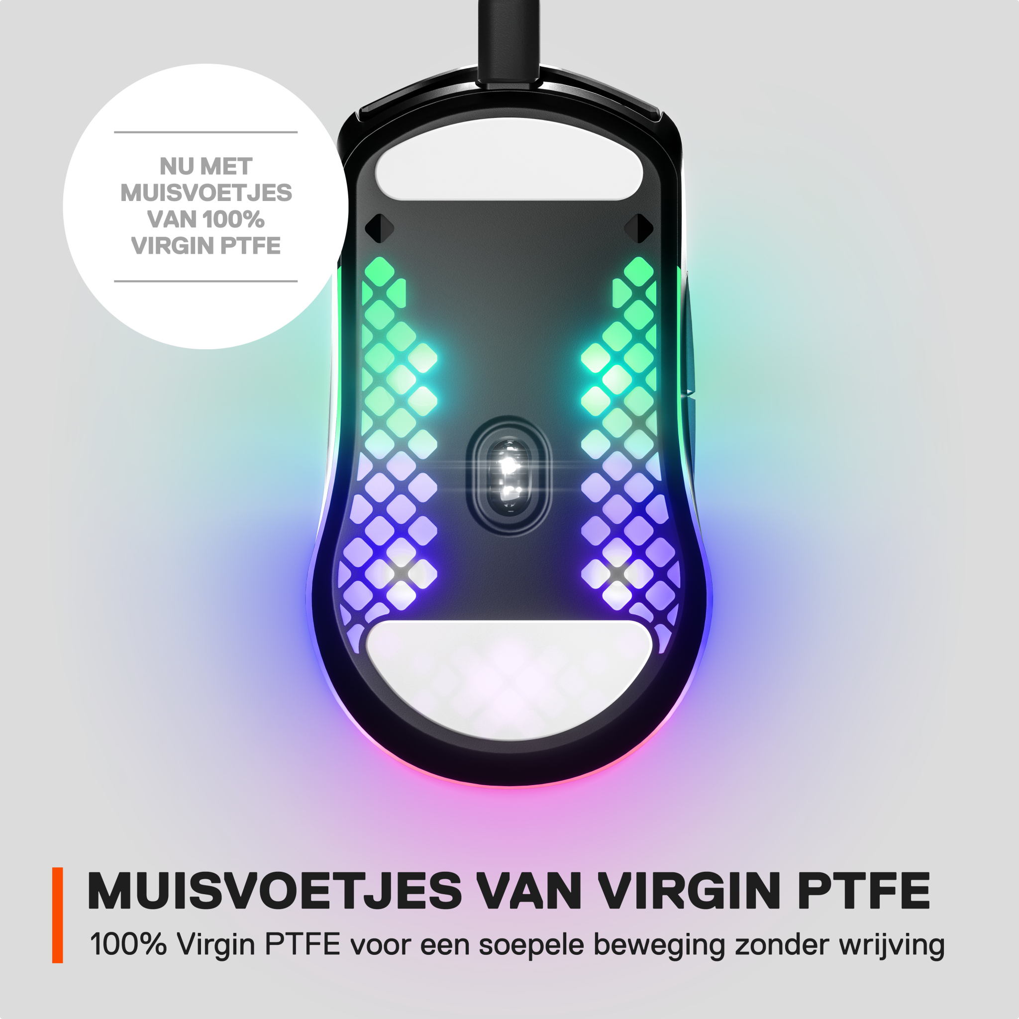 Gaming-Maus mit RGB-Beleuchtung, Draufsicht, mit Text über Virgin PTFE.
