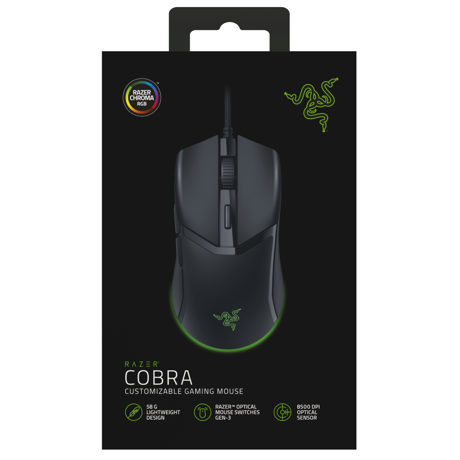 Razer kutulu siyah bir oyun faresi. Farenin ışıkları ve oyun için bir tasarımı var.