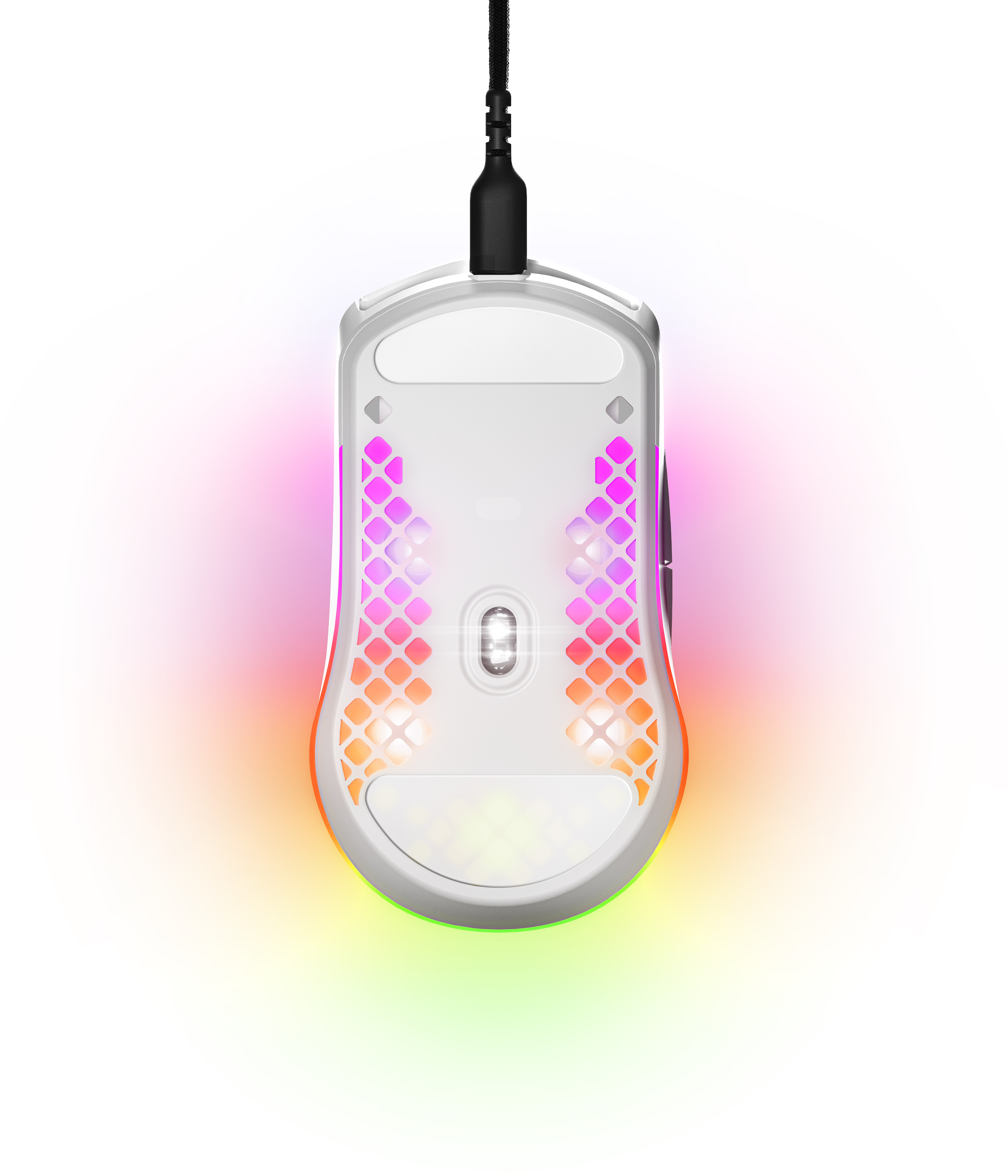 Eine weiße Gaming-Maus mit bunten Lichtern, Unteransicht, mit Kabel.