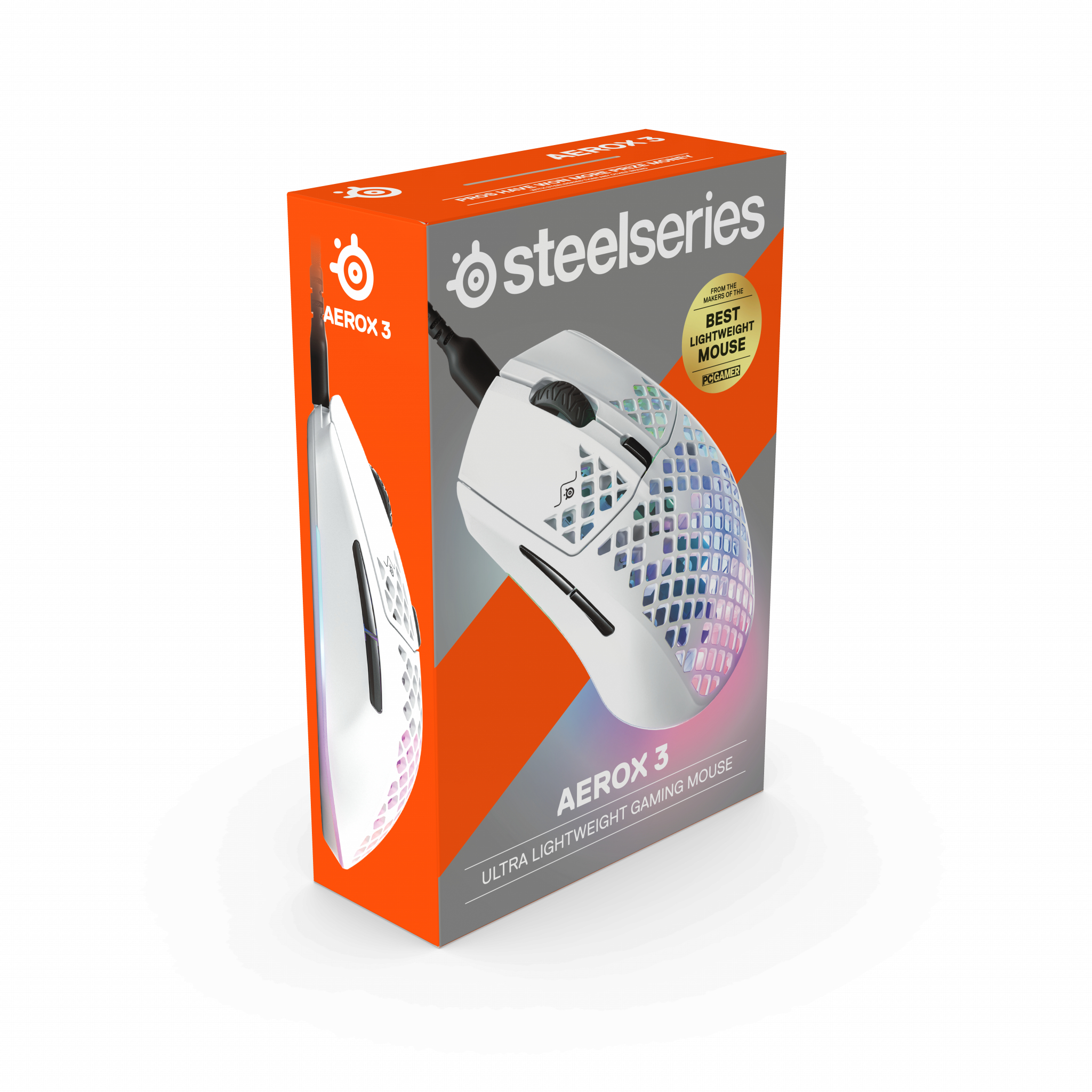 Steelseries AERON 3 Gaming-Maus-Box. Weiße Maus mit RGB-Beleuchtung und Branding.
