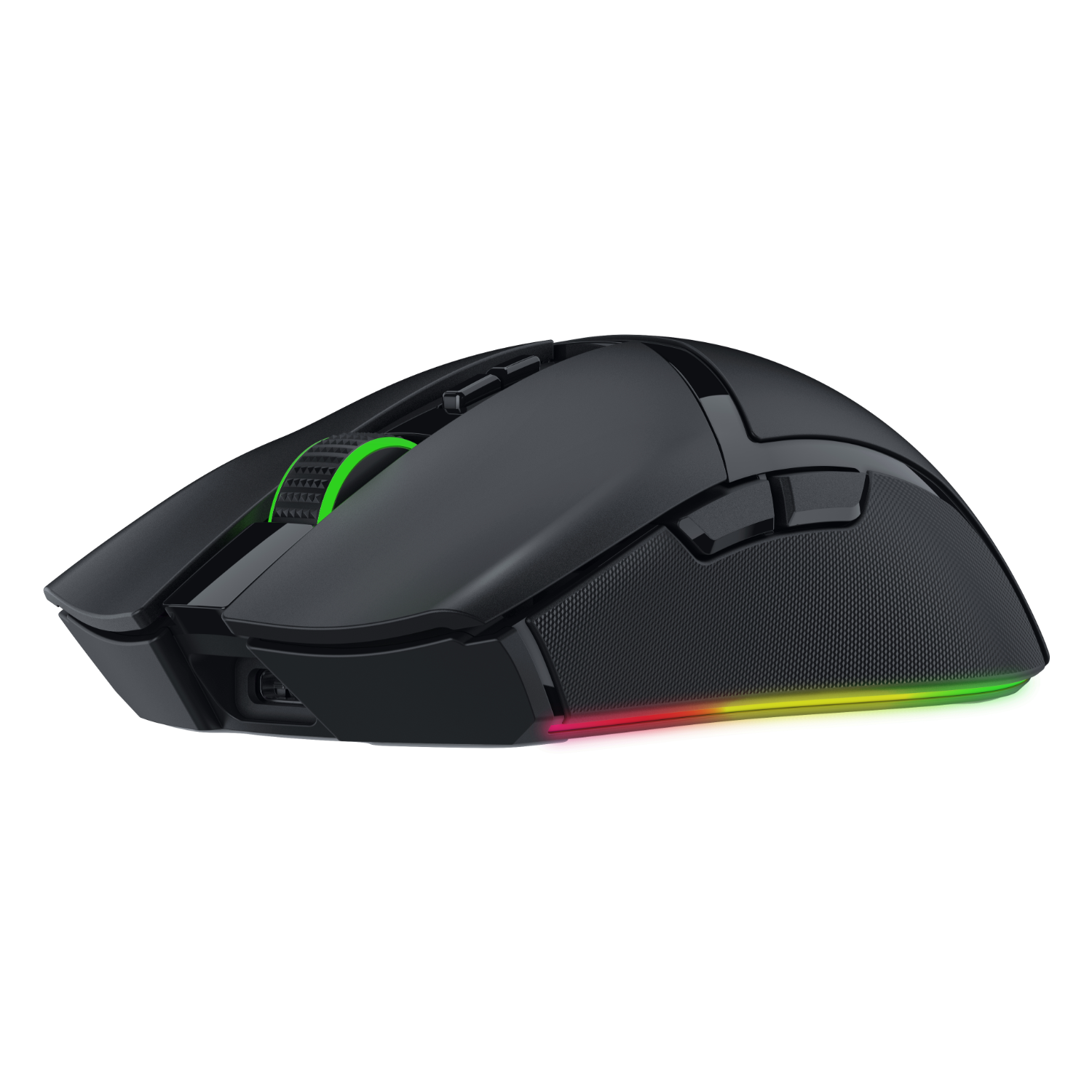 Mouse da gioco nero con luci verdi e rosse. Include pulsanti laterali e rotella di scorrimento.