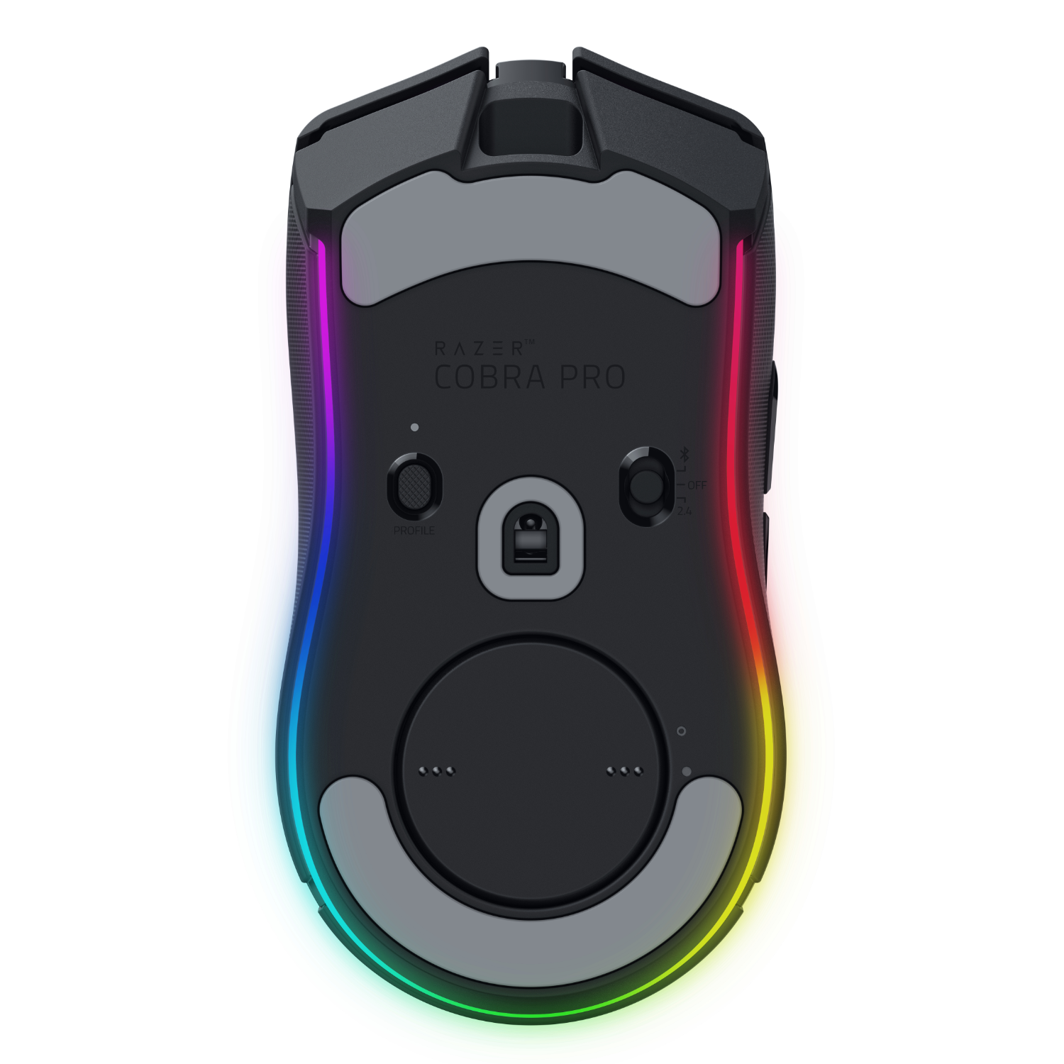Vista dall'alto del mouse da gaming Razer Cobra Pro con illuminazione RGB e pulsanti.