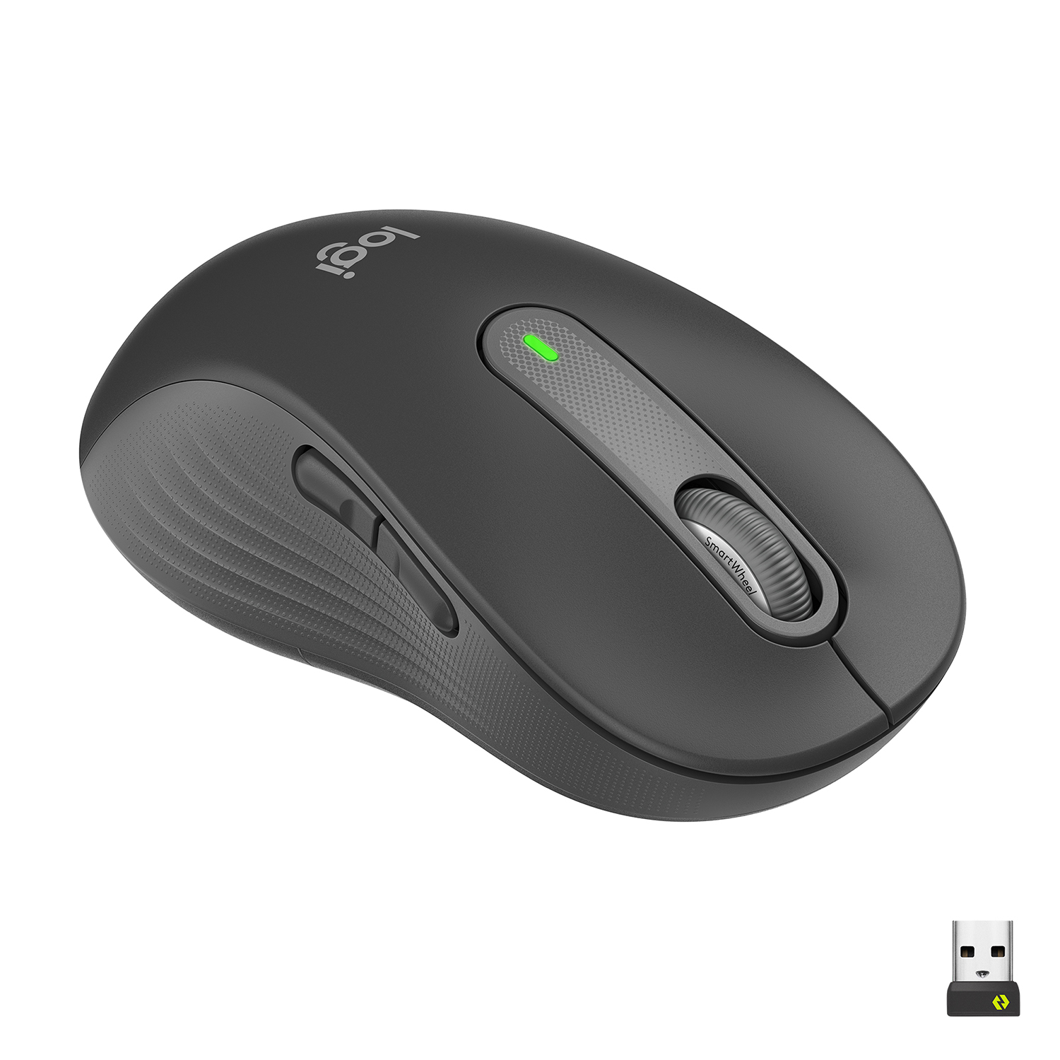 Un mouse wireless Logitech nero con una rotella di scorrimento e un ricevitore USB.