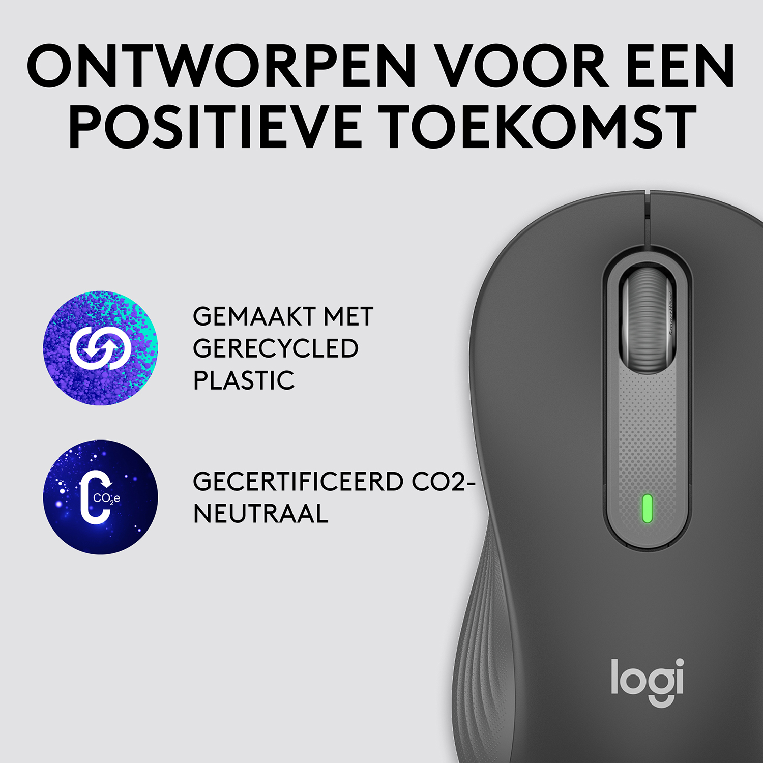 Czarna mysz komputerowa z tekstem w języku niderlandzkim. Loga koła i symbolu CO2.