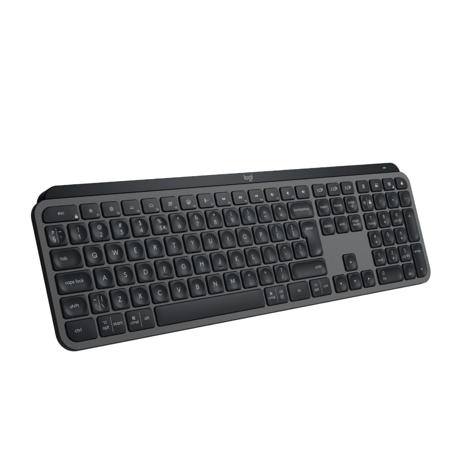 Schwarze Tastatur. Buchstaben, Zahlen und Funktionstasten sind sichtbar. Dunkler Hintergrund.