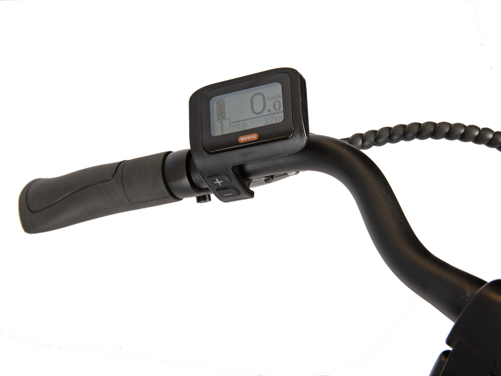 Fahrradlenker mit Display. Display zeigt 0,0 km/h. Weißer Hintergrund.