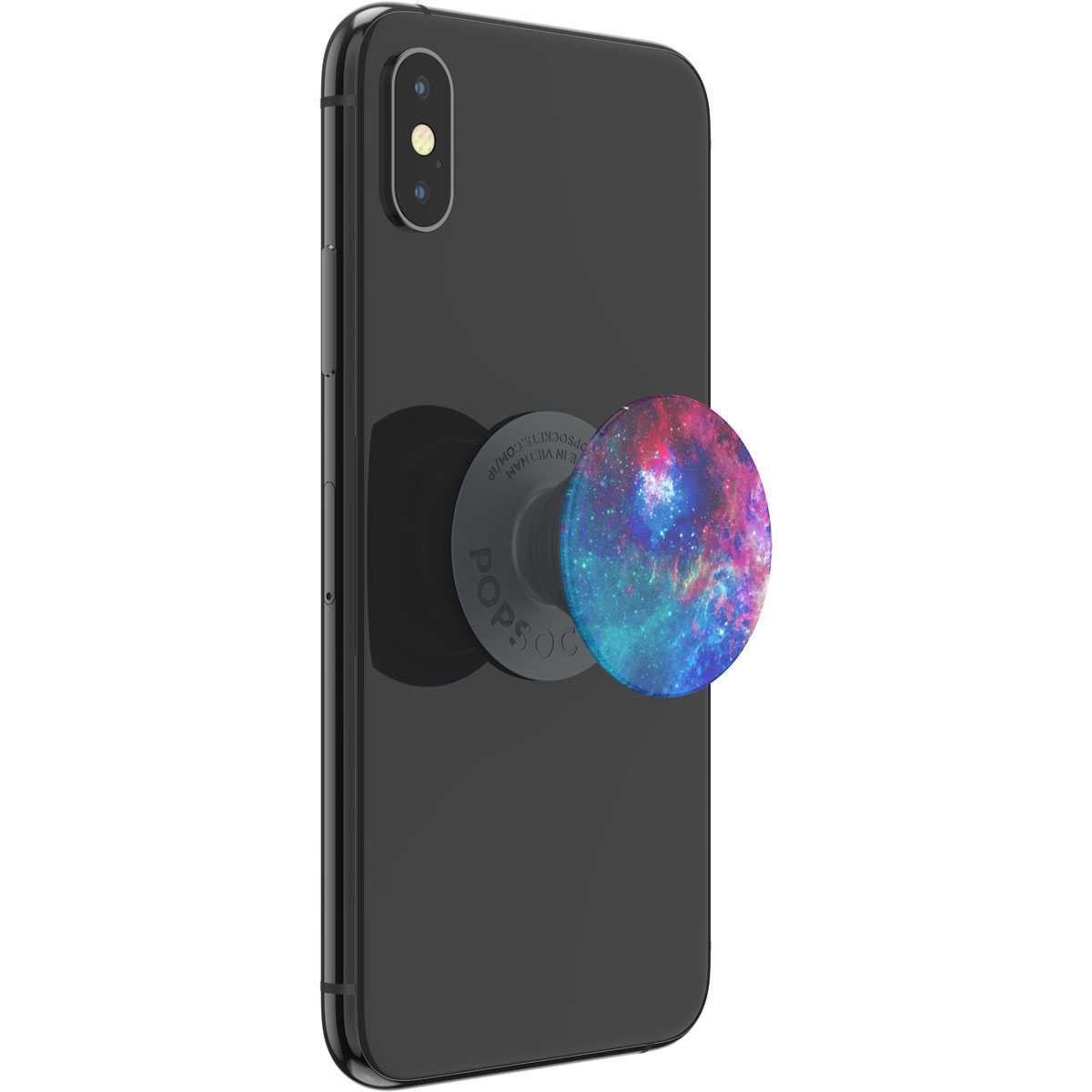 Ein schwarzes Telefon mit einem Galaxy-PopSocket.