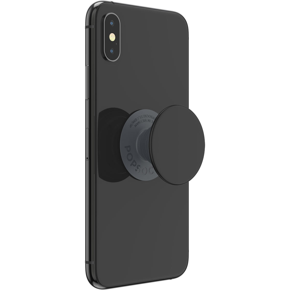 Schwarzes Smartphone mit einem schwarzen PopSocket auf der Rückseite.