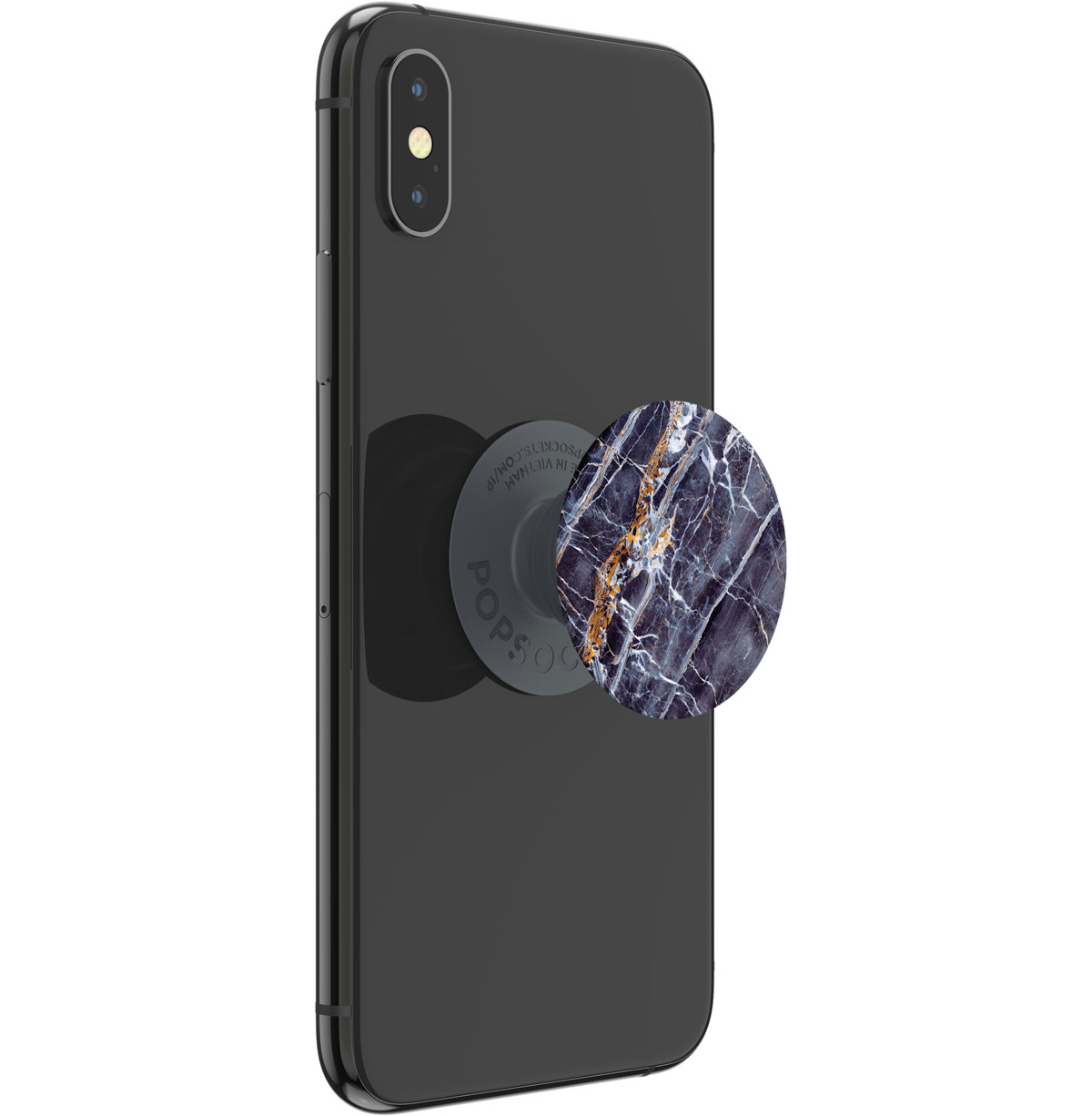 Schwarzes Telefon mit Marmor-PopSocket. Telefon auf weißem Hintergrund.