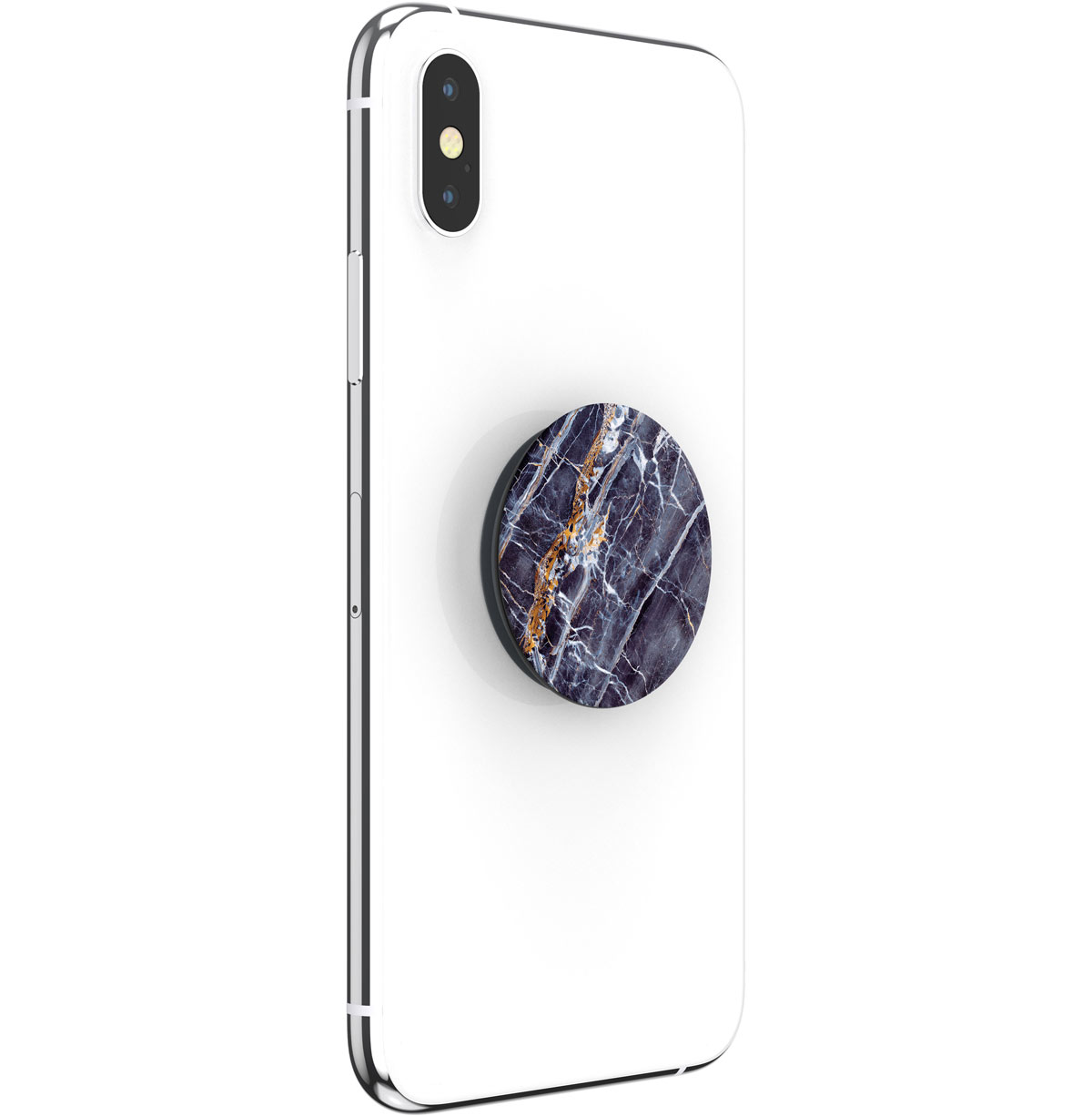 Weißes Telefon mit einem PopSocket mit Marmormuster. Der PopSocket hat blaue und goldene Wirbel.