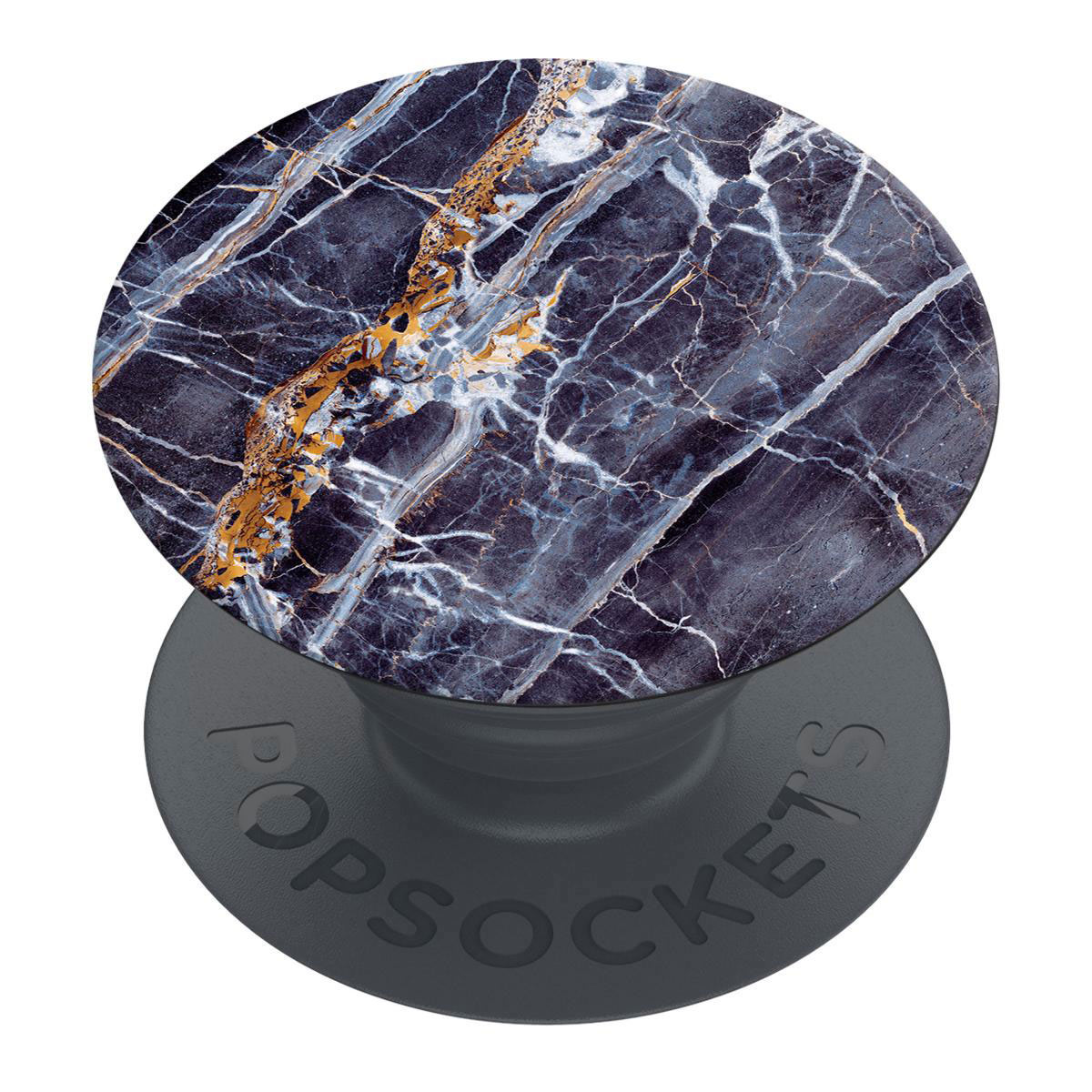 Ein PopSockets-Griff mit Marmordesign in Dunkelgrau, Weiß und Gold. Auf einem dunkelgrauen Sockel.