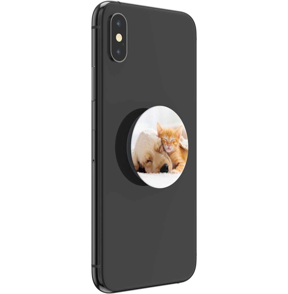 Schwarzes Telefon mit Pop-up-Griff für Hund und Katze. Weißer Hintergrund.
