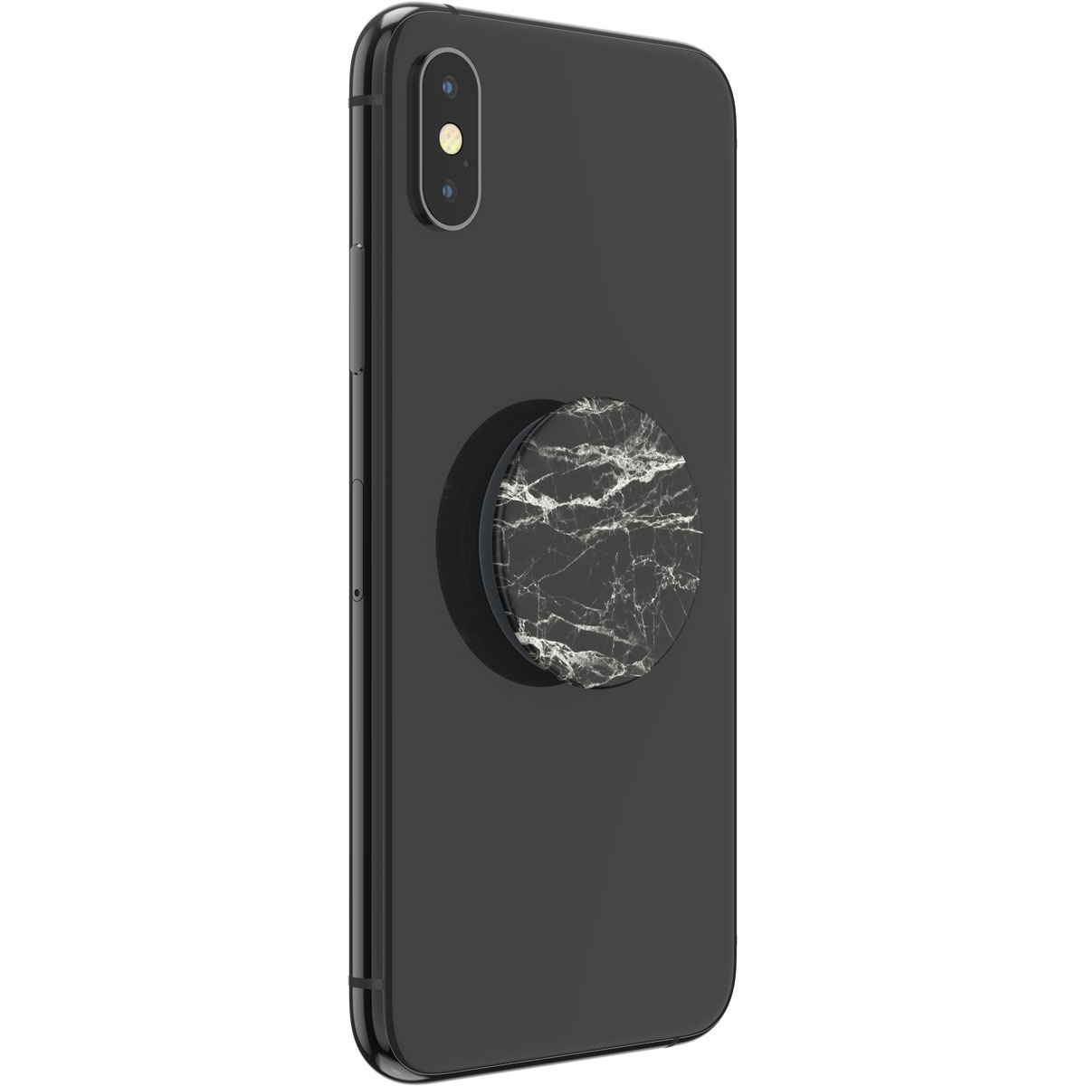 Schwarzes iPhone mit einem Handygrip im Marmordesign auf der Rückseite.