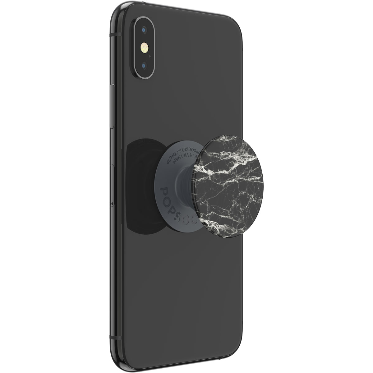 Schwarzes Smartphone mit einem PopSocket mit Marmormuster. Das Telefon liegt auf einer weißen Oberfläche.