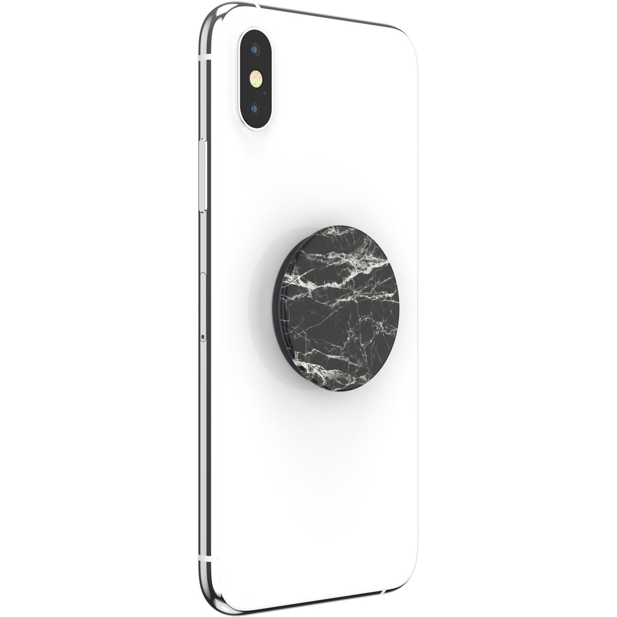 Weißes Telefon mit einem schwarz-weiß marmorierten PopSocket befestigt.