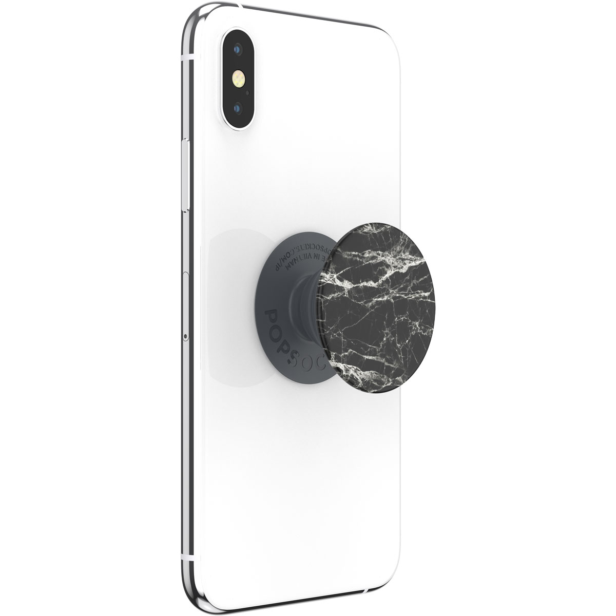 Weißes iPhone X mit schwarzem Marmor-PopSocket.