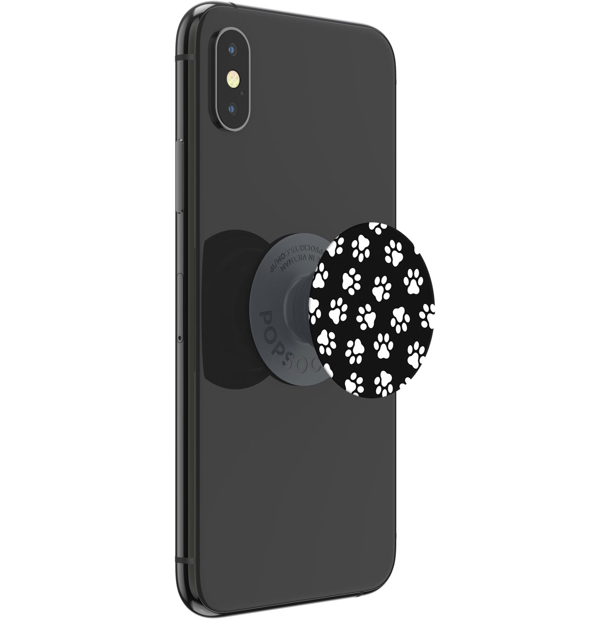 Ein schwarzes Smartphone mit einem Pfotenabdruck-PopSocket auf der Rückseite.