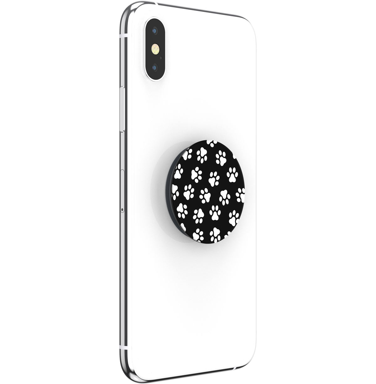 Ein weißes Telefon mit einem schwarzen Pfotenabdruck-Pop-Socket.