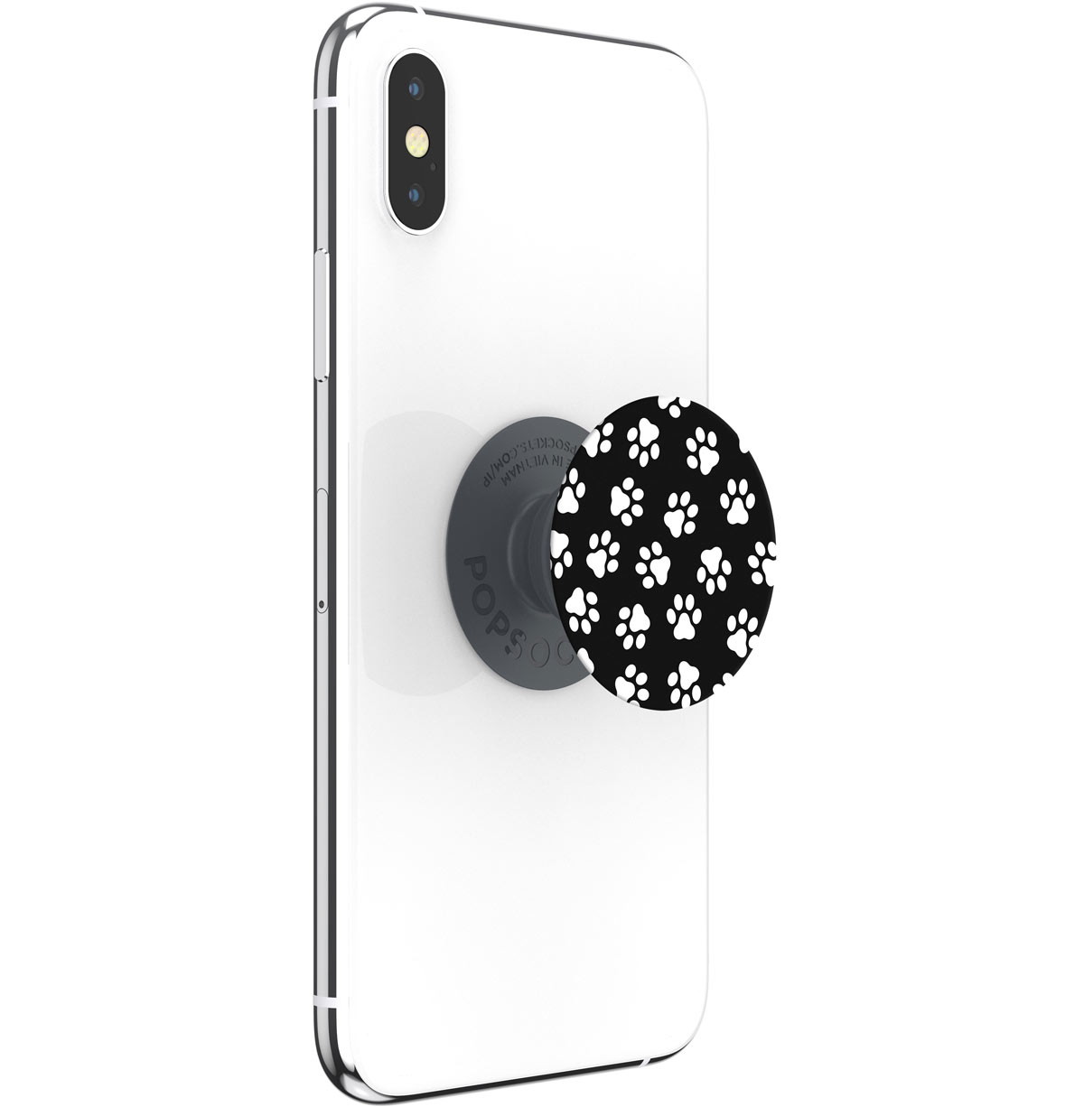Weißes Telefon mit einem schwarzen Pfotenabdruck-Telefonhalter darauf.