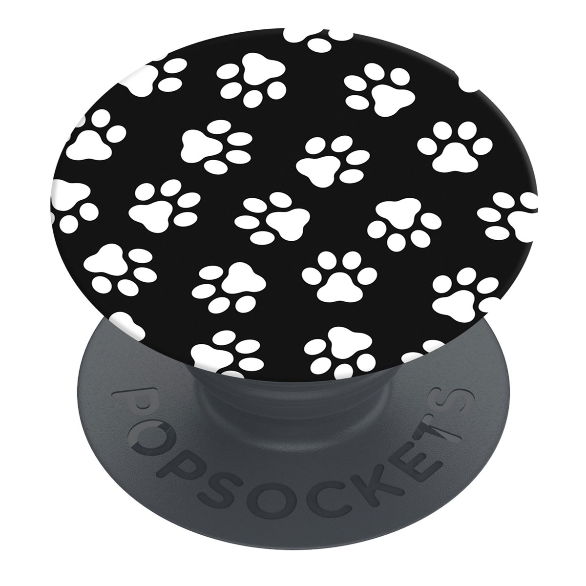 Schwarzer PopSocket mit weißen Pfotenabdrücken.