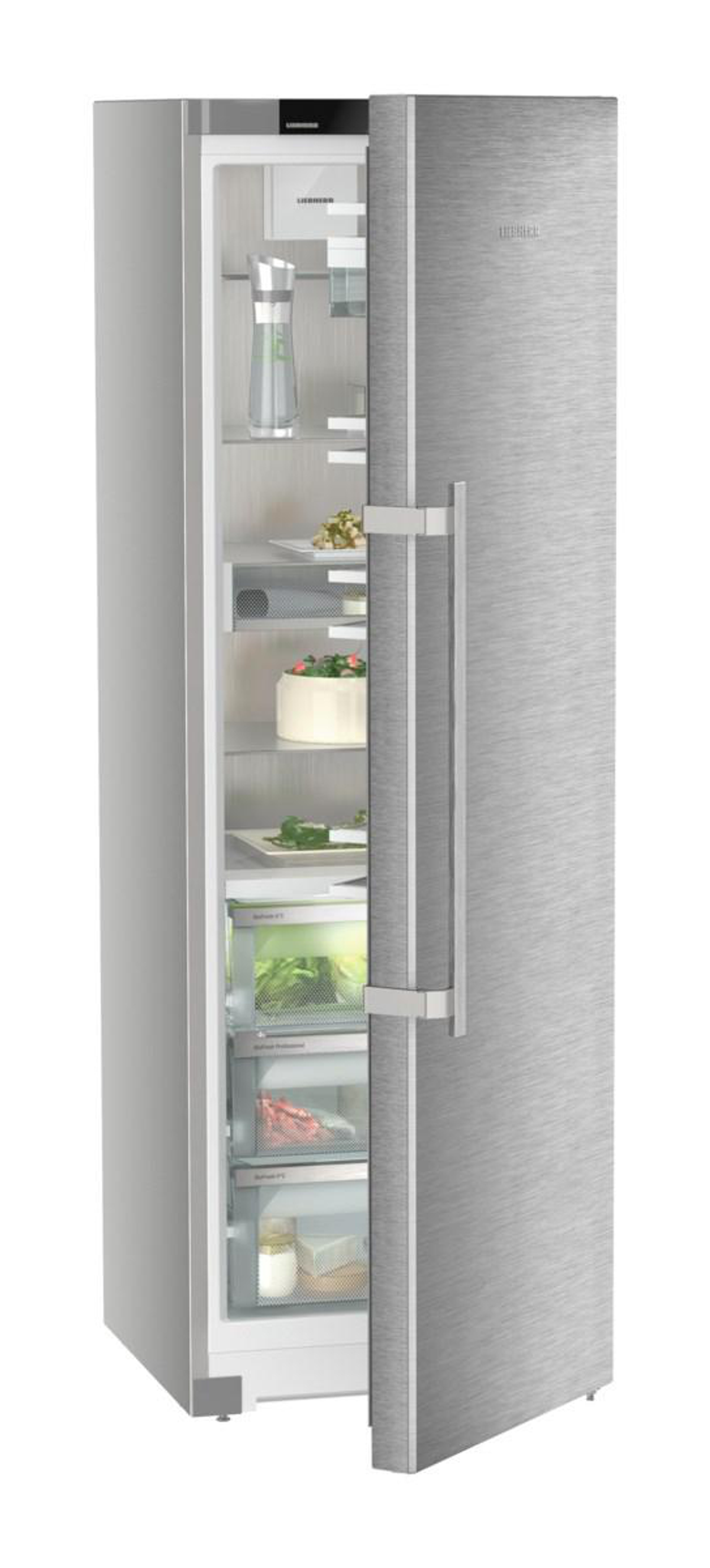 A silver refrigerator with the door open, showing shelves with food.