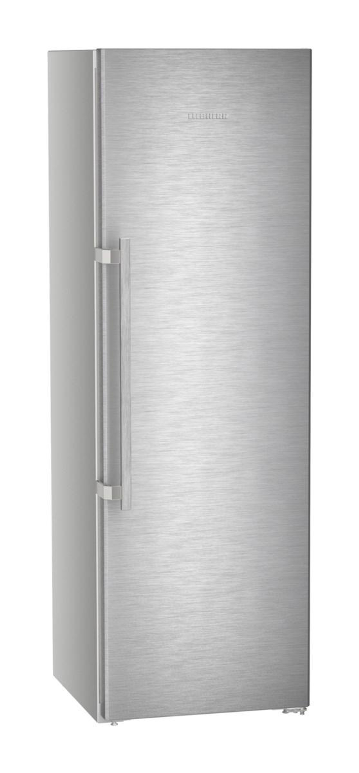 Stainless steel refrigerator. Tall, silver, with a vertical door handle on the left side.