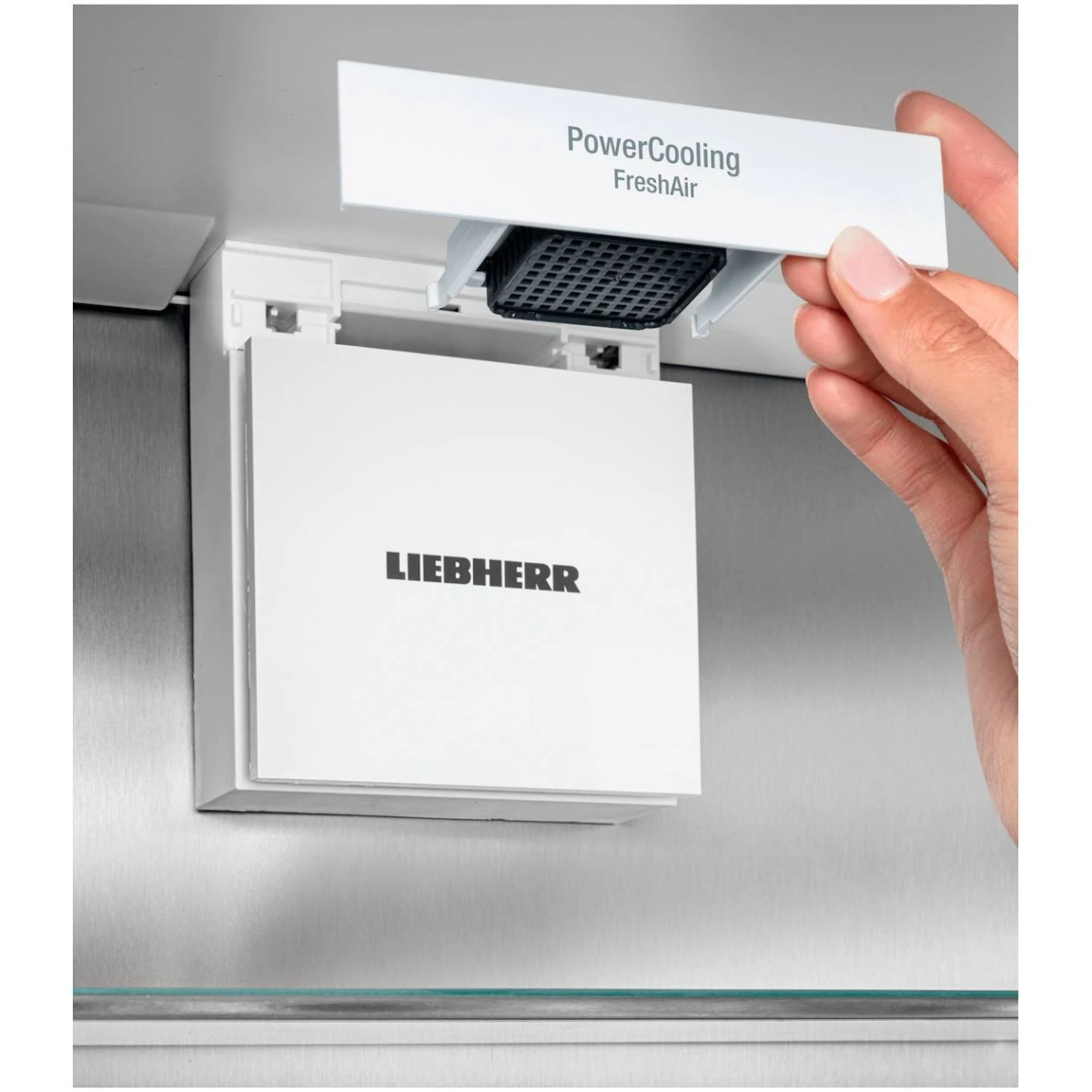 A hand is removing a white filter from a refrigerator component. The brand name, Liebherr, is visible.