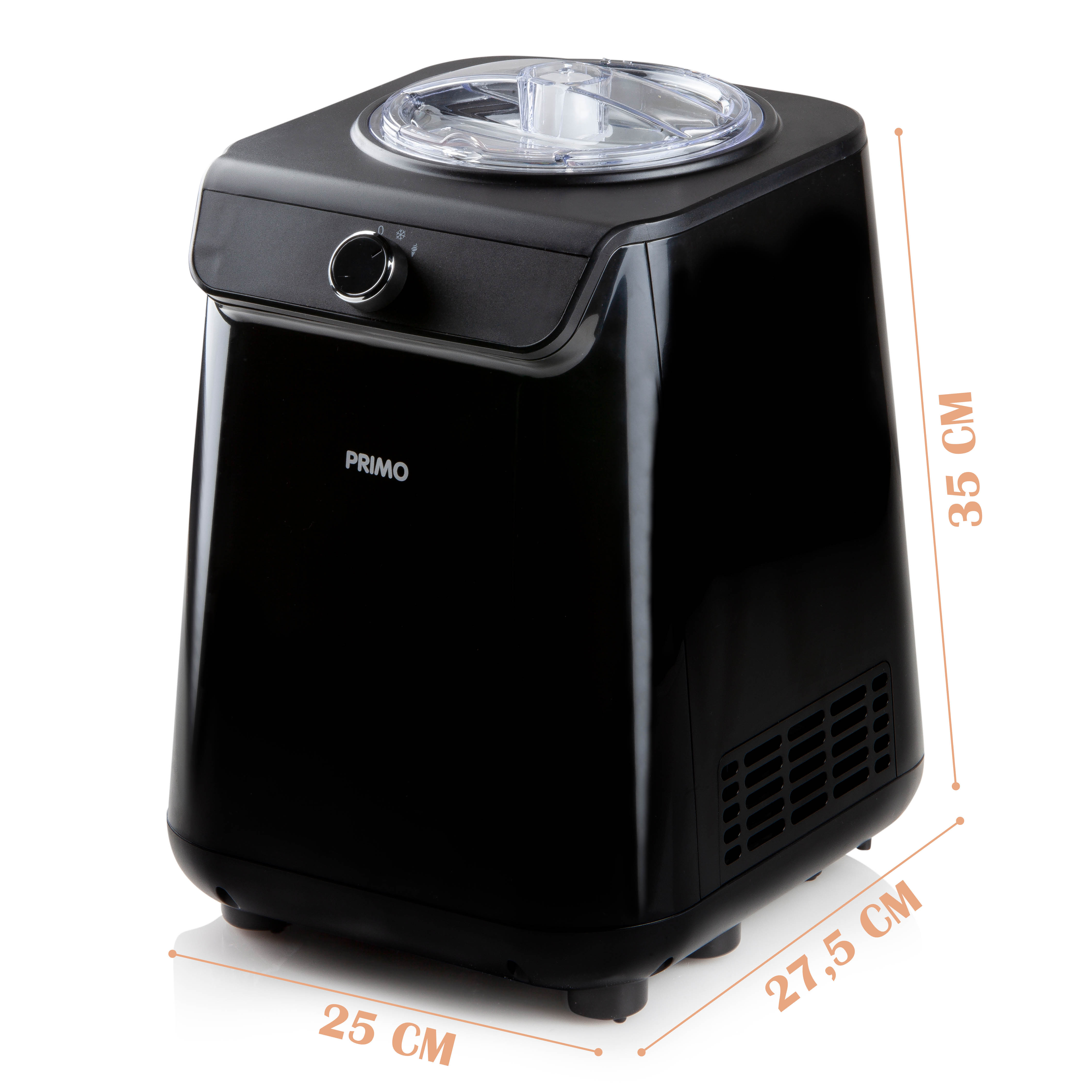 Black ice cream maker. Dimensions: 25cm x 27.5cm x 35cm. It is on a white background.