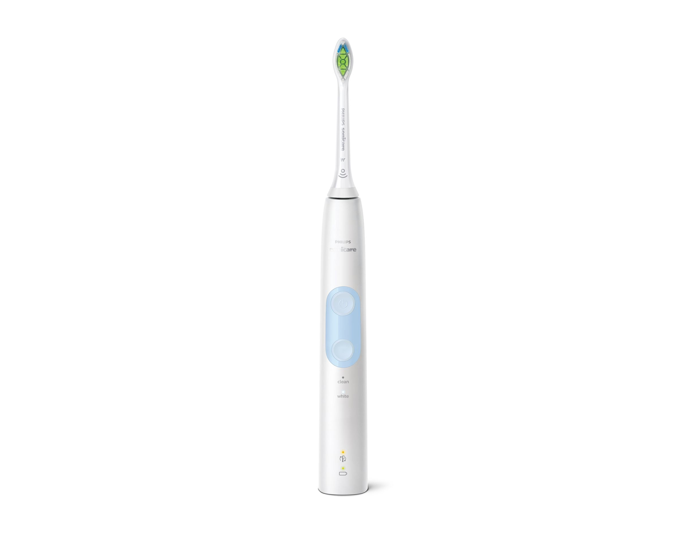 Eine weiße elektrische Zahnbürste mit blauem Knopf, grünen Borsten und dem Text 'Philips Sonicare'.