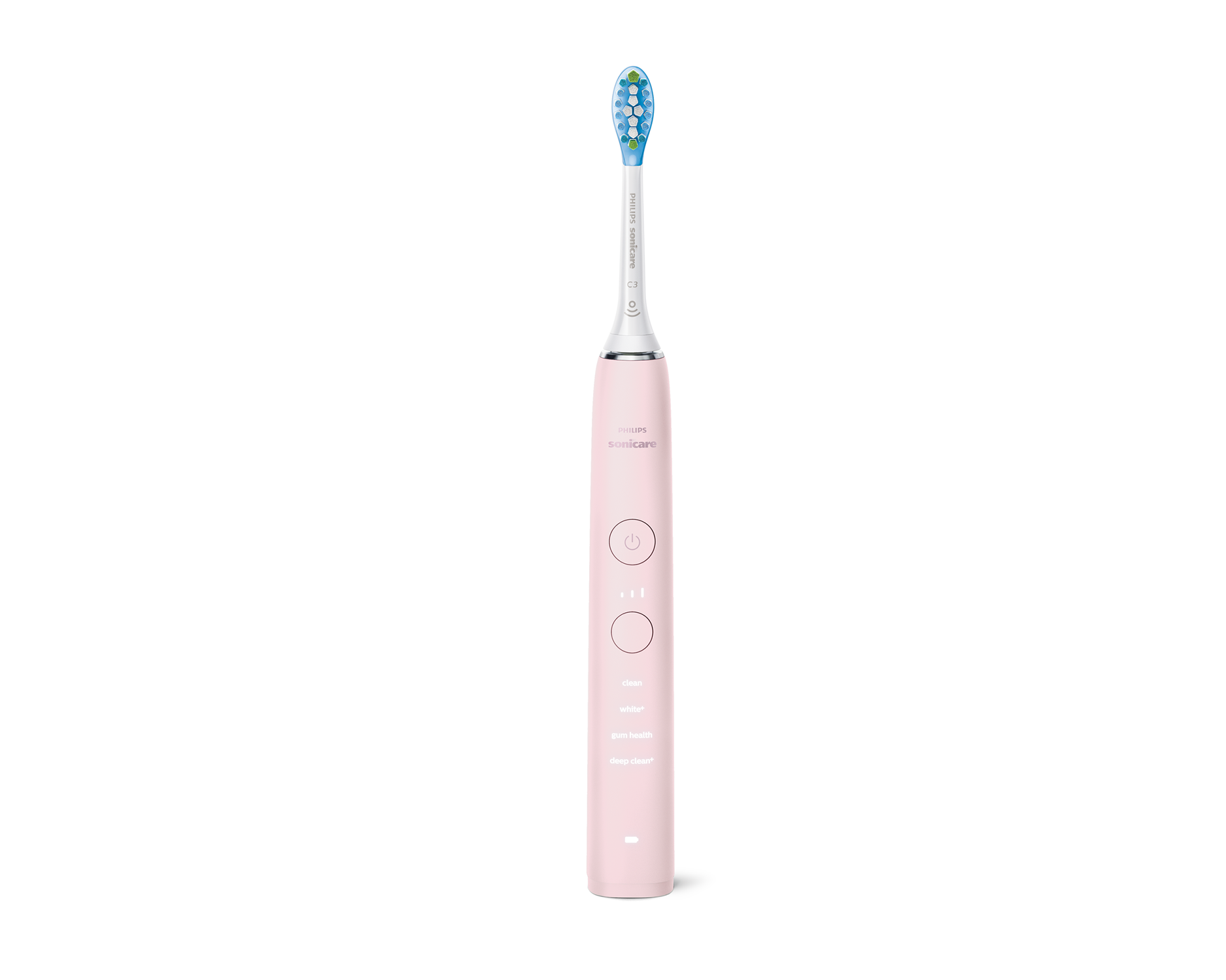 Spazzolino elettrico rosa con setole blu su sfondo bianco.