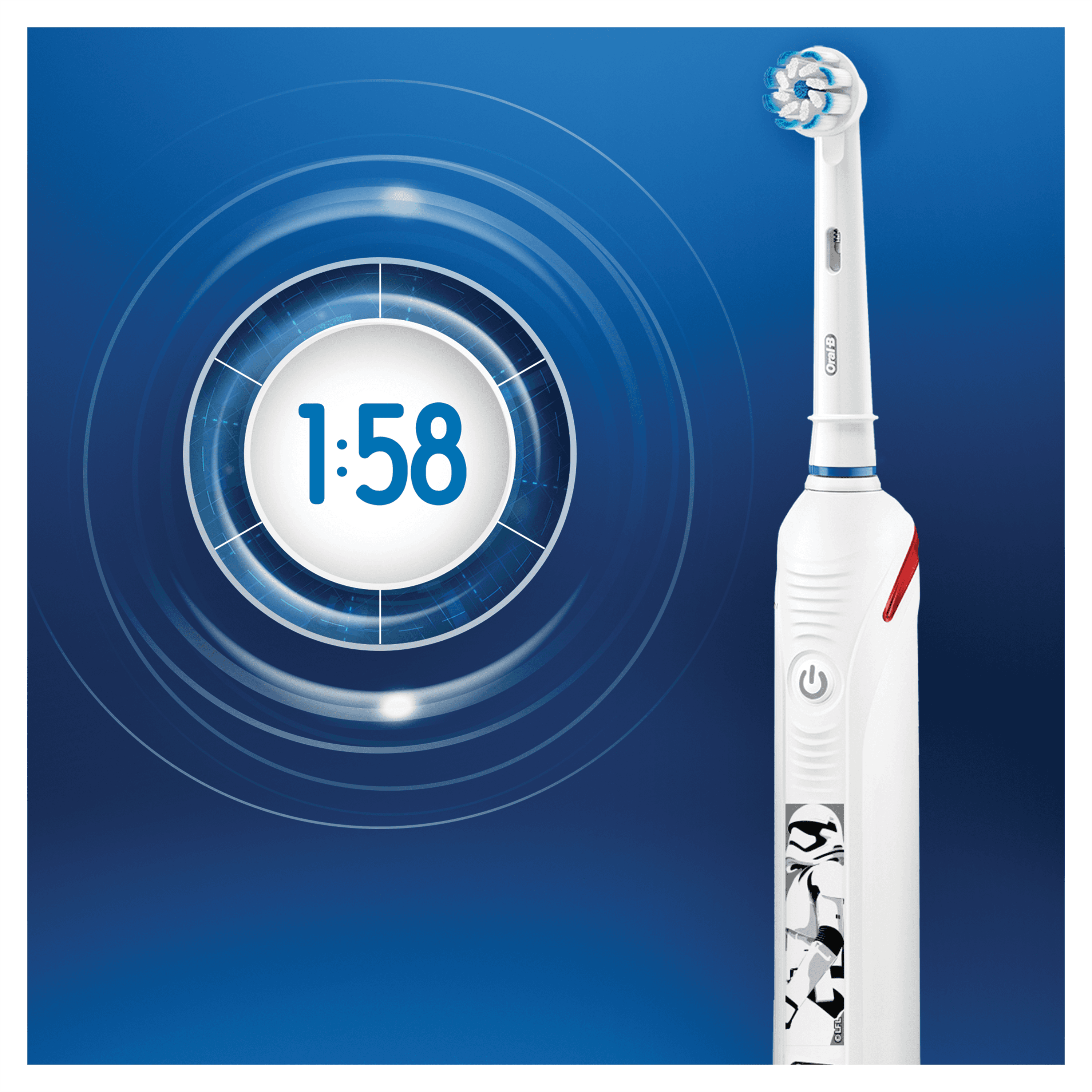 Elektryczna szczoteczka do zębów Oral-B z timerem pokazującym 1:58.