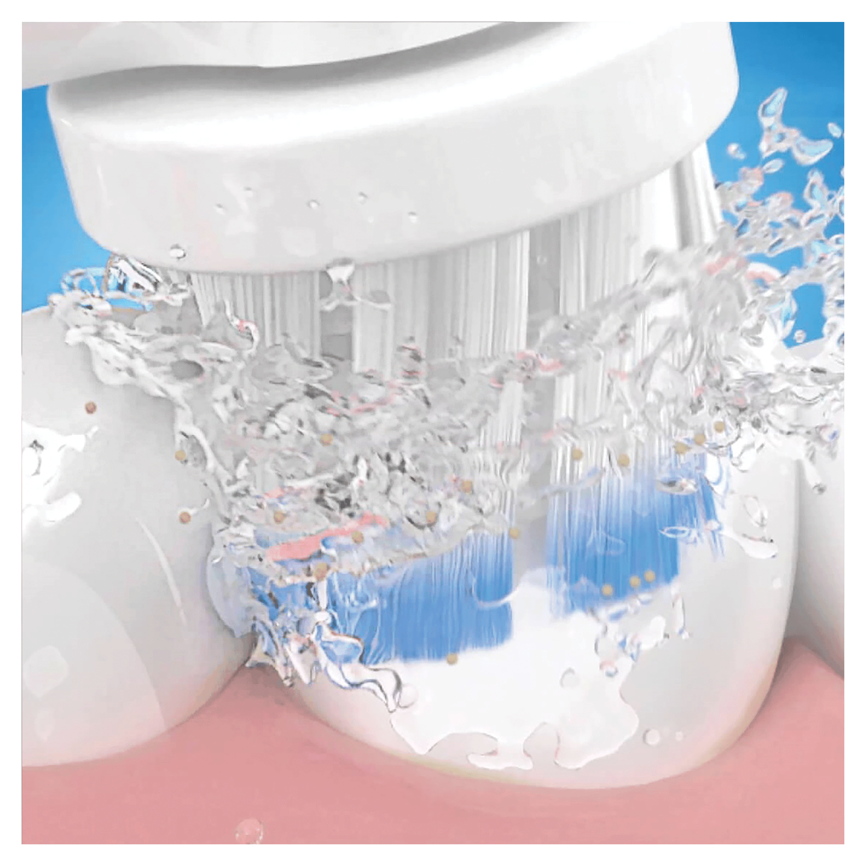 Główka szczoteczki do zębów z rozpryskami wody. Niebieskie i białe włosie.