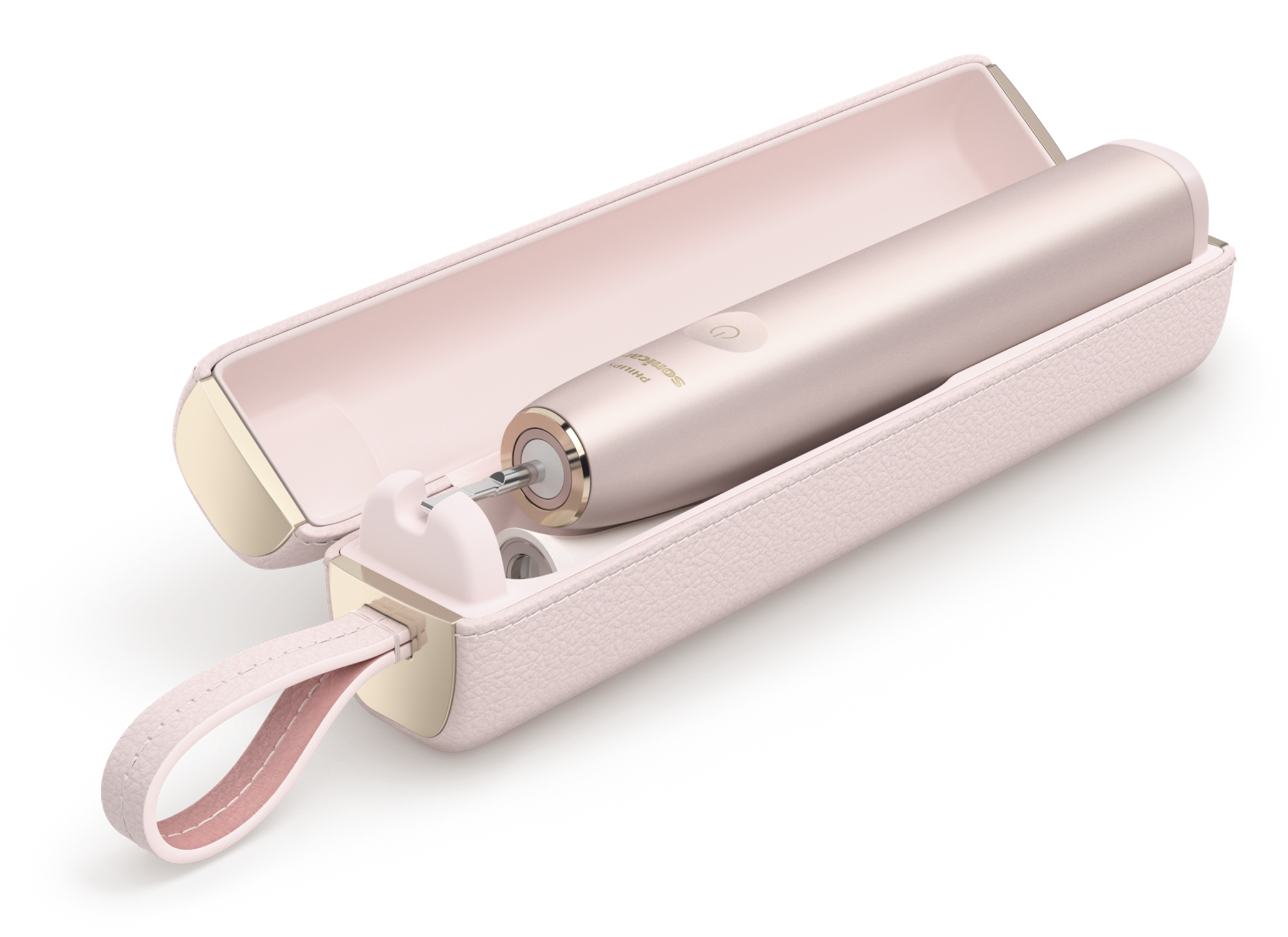 Custodia da viaggio rosa con spazzolino elettrico rosa all'interno. Coperchio aperto.