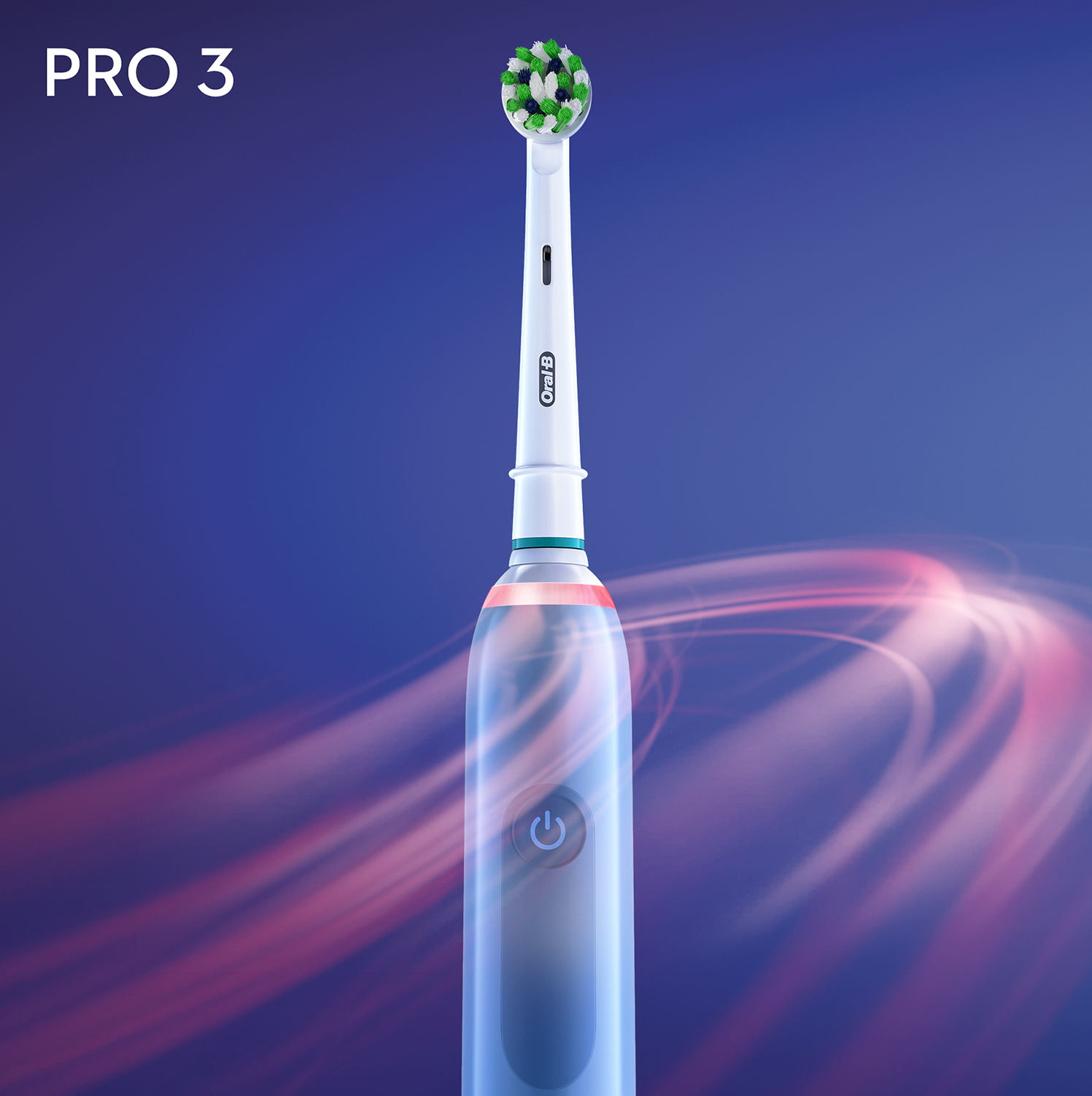 Cepillo de dientes eléctrico con cuerpo blanco y cerdas verdes, blancas y azules, sobre fondo azul.