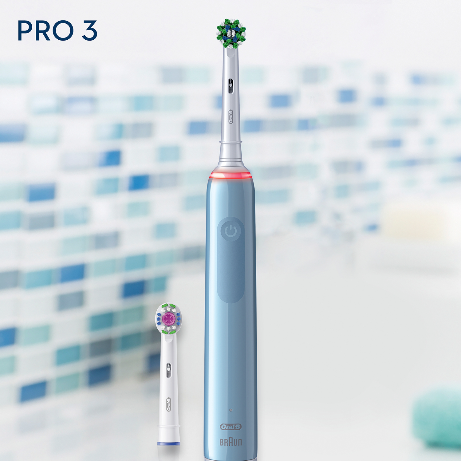 Cepillo de dientes eléctrico azul con dos cabezales. Marca Oral-B Braun.