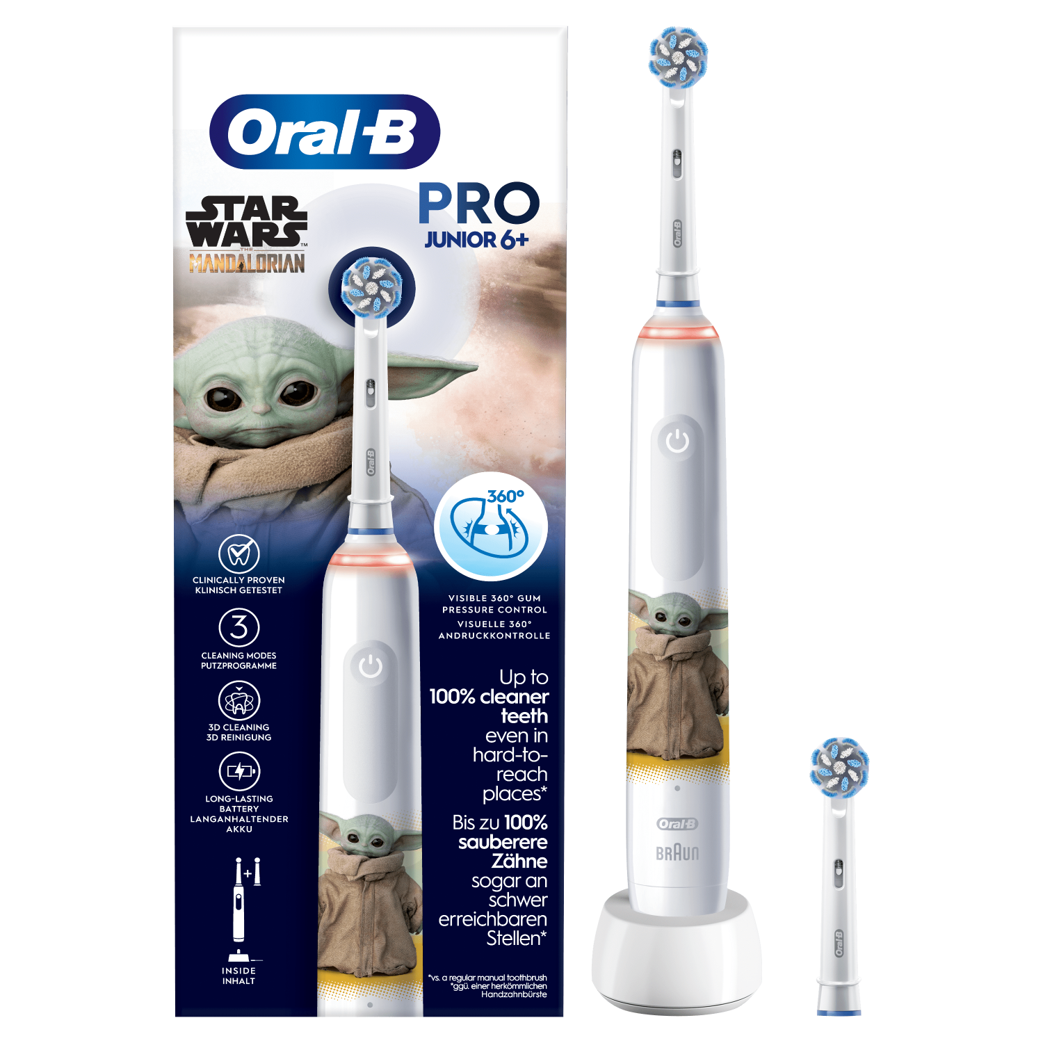 Set de cepillo dental Oral-B Star Wars con Baby Yoda. Incluye cepillo, cabezal y base de carga.