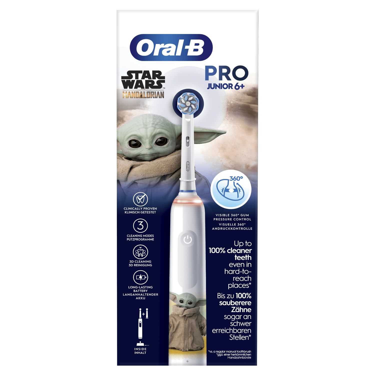 Cepillo de dientes Oral-B Pro Junior con tema Star Wars Mandalorian, con Grogu y empaque.