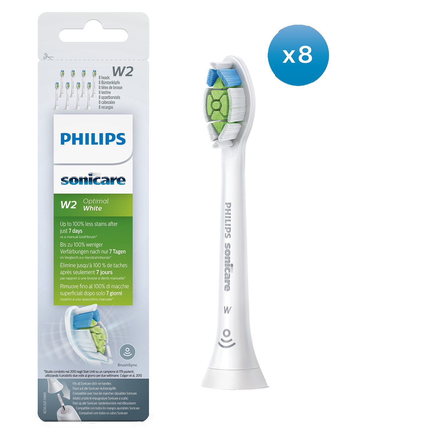 Opakowanie główek szczoteczki do zębów Philips Sonicare W2 Optimal White, z wyświetloną główką szczoteczki.