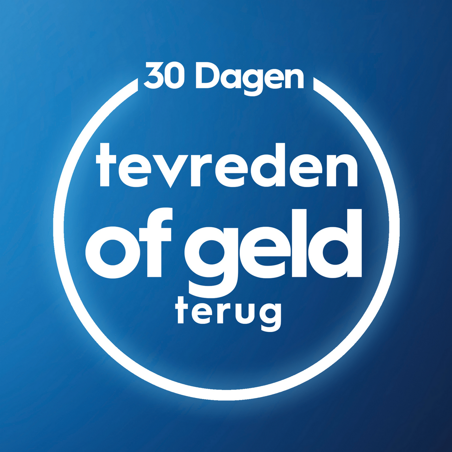 Weißer Text auf blauem Farbverlauf. Der Text lautet '30 Tage, Zufrieden oder Geld zurück'.