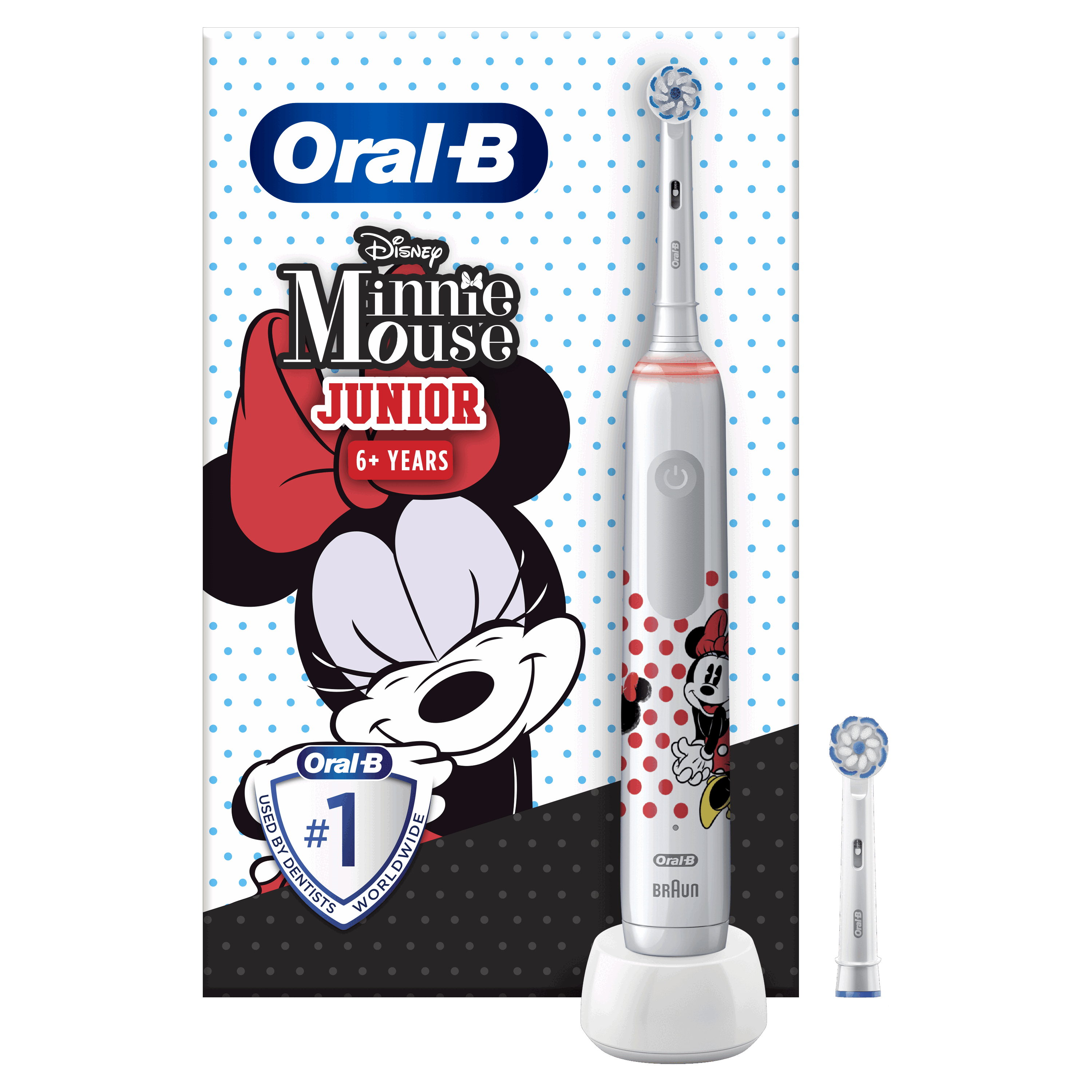 Spazzolino elettrico con design Minnie Mouse, in un supporto bianco e una testina di ricambio.
