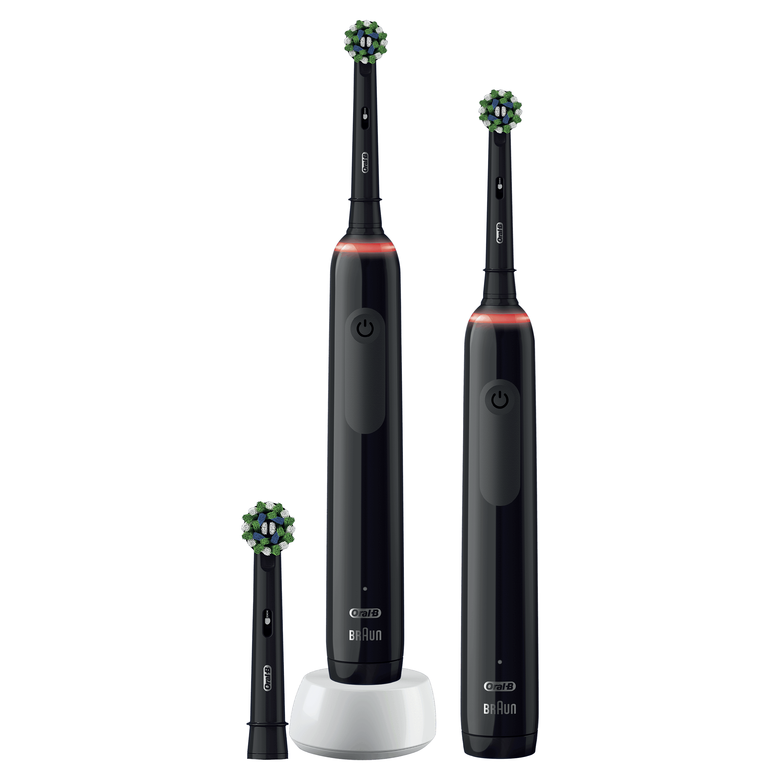 Tres cepillos de dientes eléctricos Oral-B negros y una estación de carga. Dos están verticales, uno es más pequeño.