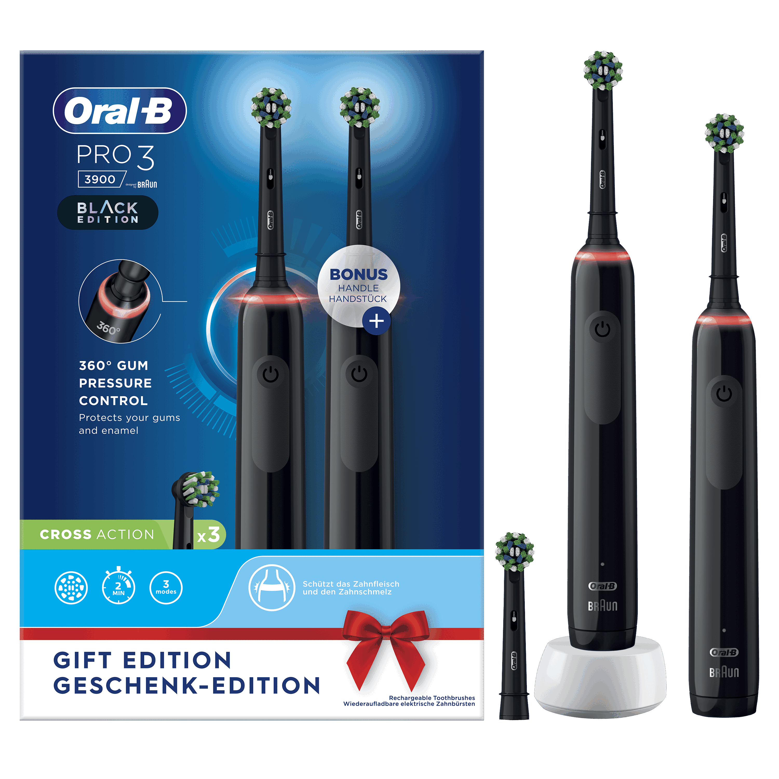 Set de regalo de cepillo de dientes eléctrico Oral-B Pro 3 negro con cepillos y cargador.