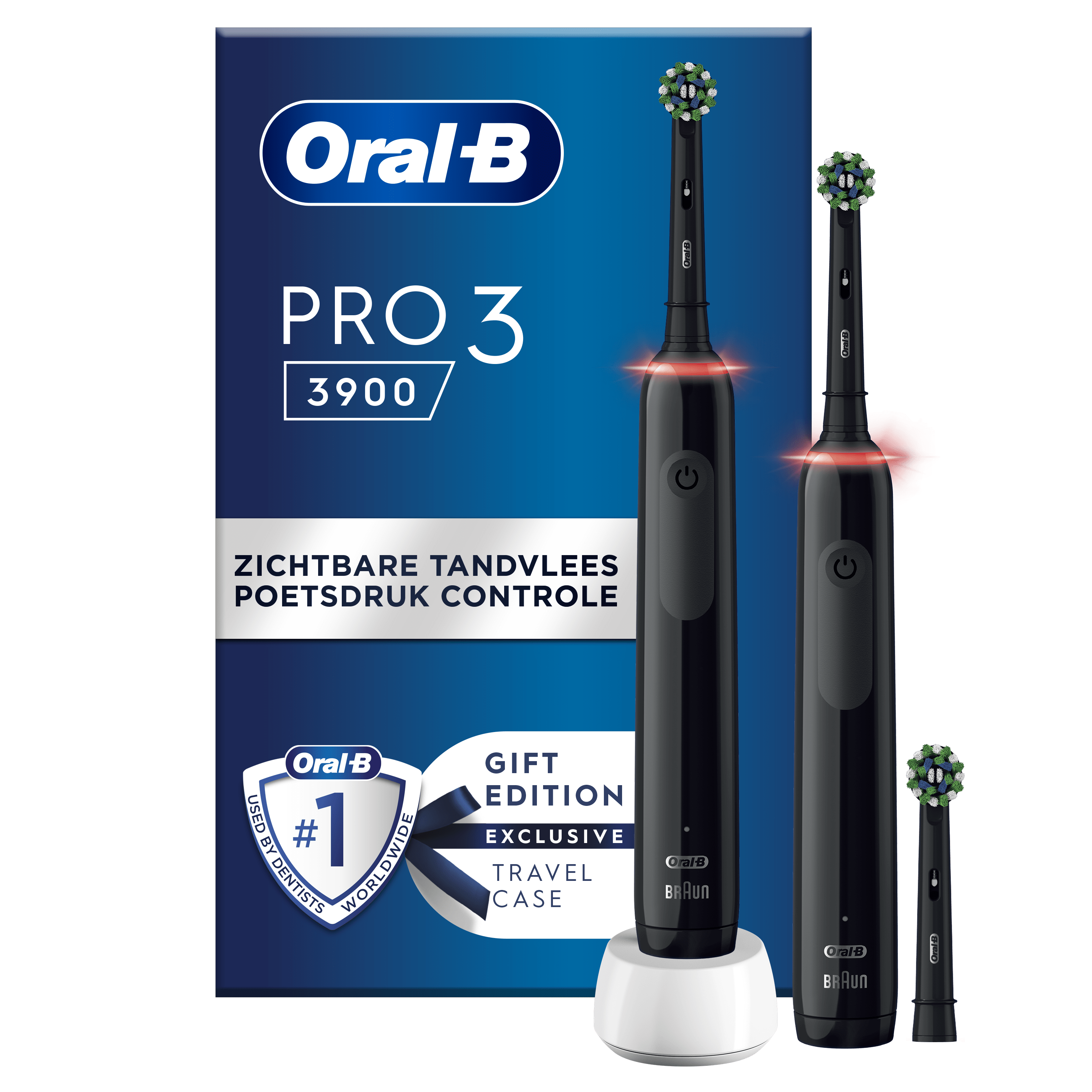 Caja con cepillos de dientes eléctricos Oral-B Pro 3, negro y blanco, con cabezales extra.