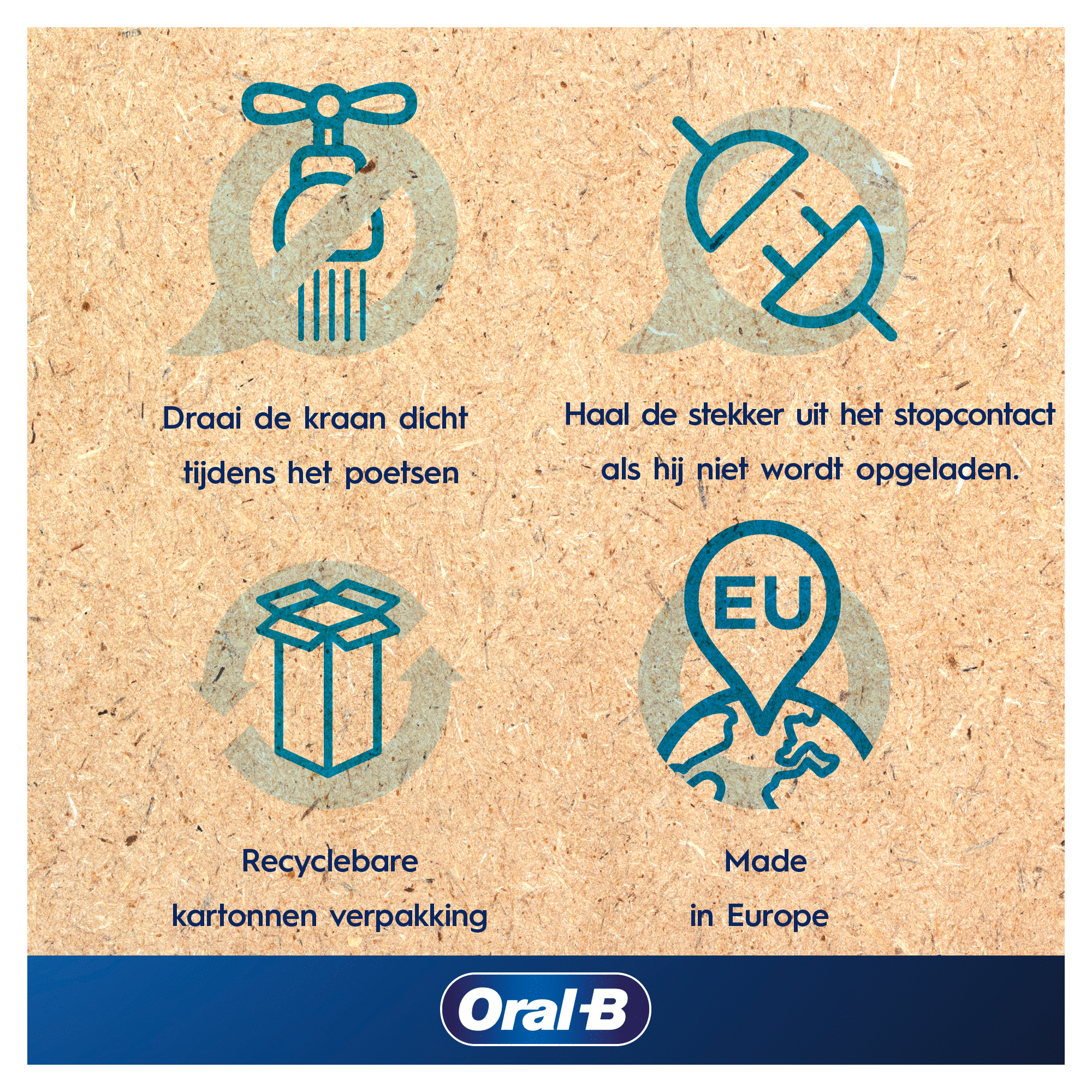 Ilustraciones con texto sobre ahorro de agua, desenchufar cargadores, embalaje reciclable y fabricación en la UE.