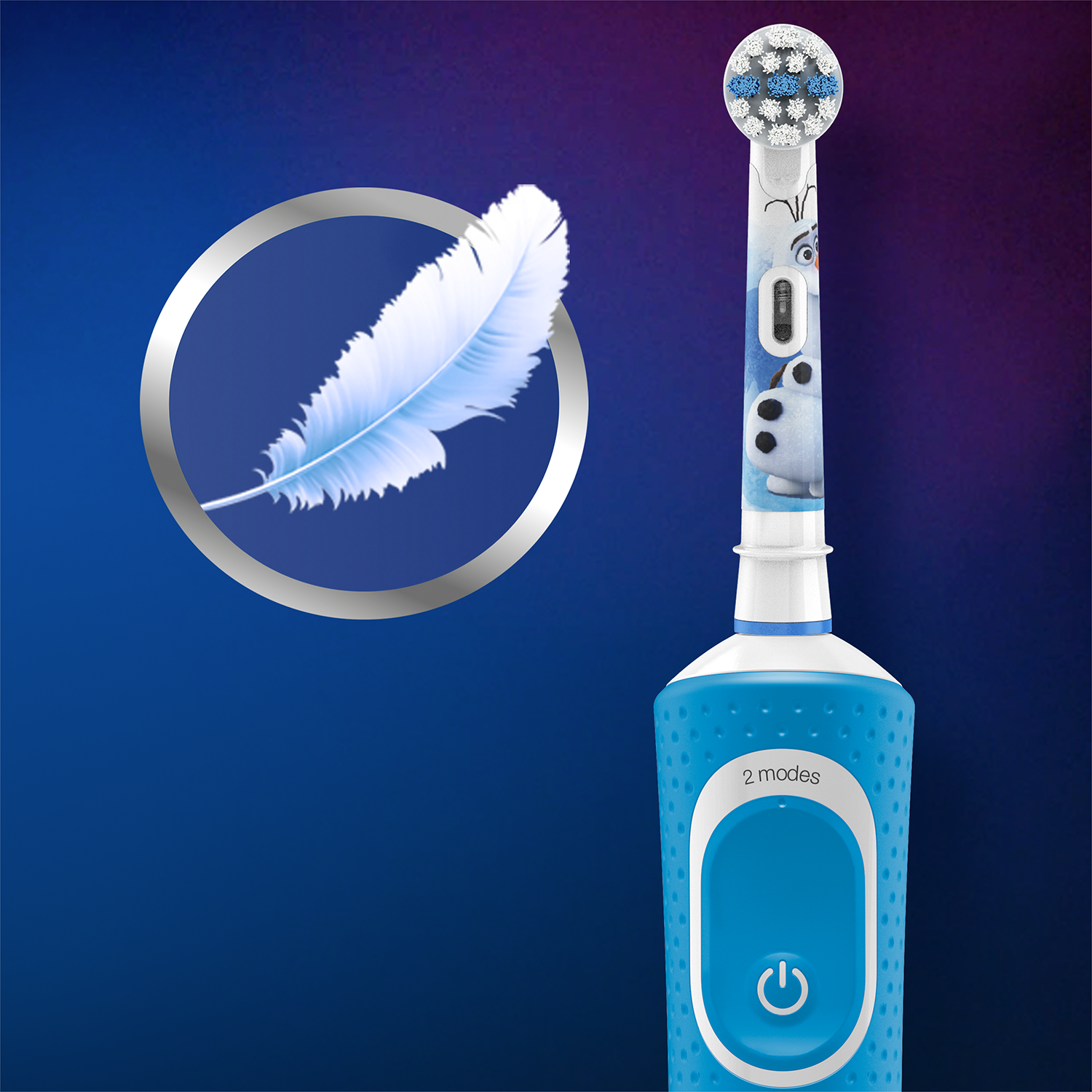 Cepillo de dientes eléctrico azul con mango azul y cabezal con tema de Frozen. Icono de pluma blanca a la izquierda.