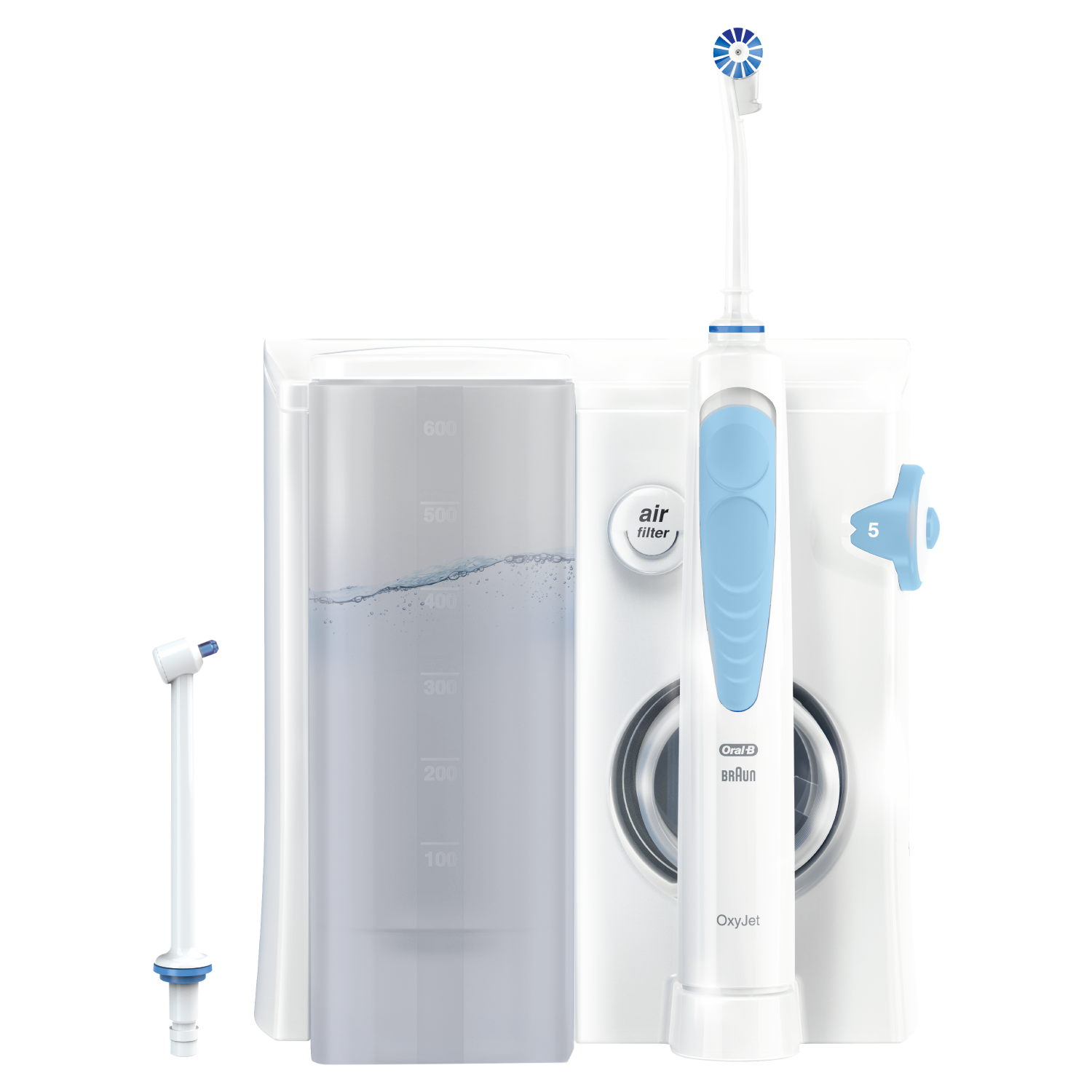 Sistema di igiene orale bianco e blu con spazzolino e accessori.