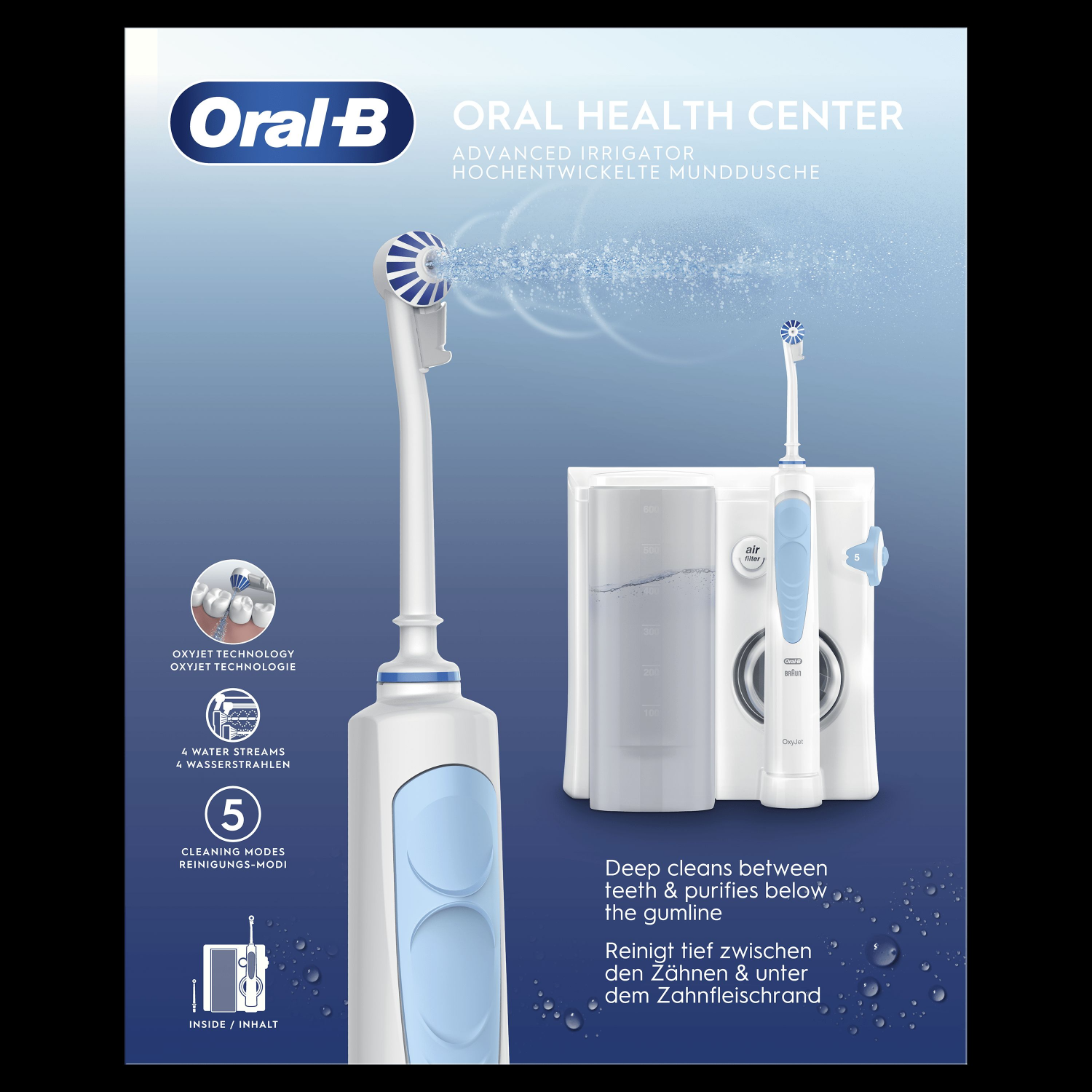 Idropulsore Oral-B con spazzolino e istruzioni per la pulizia.